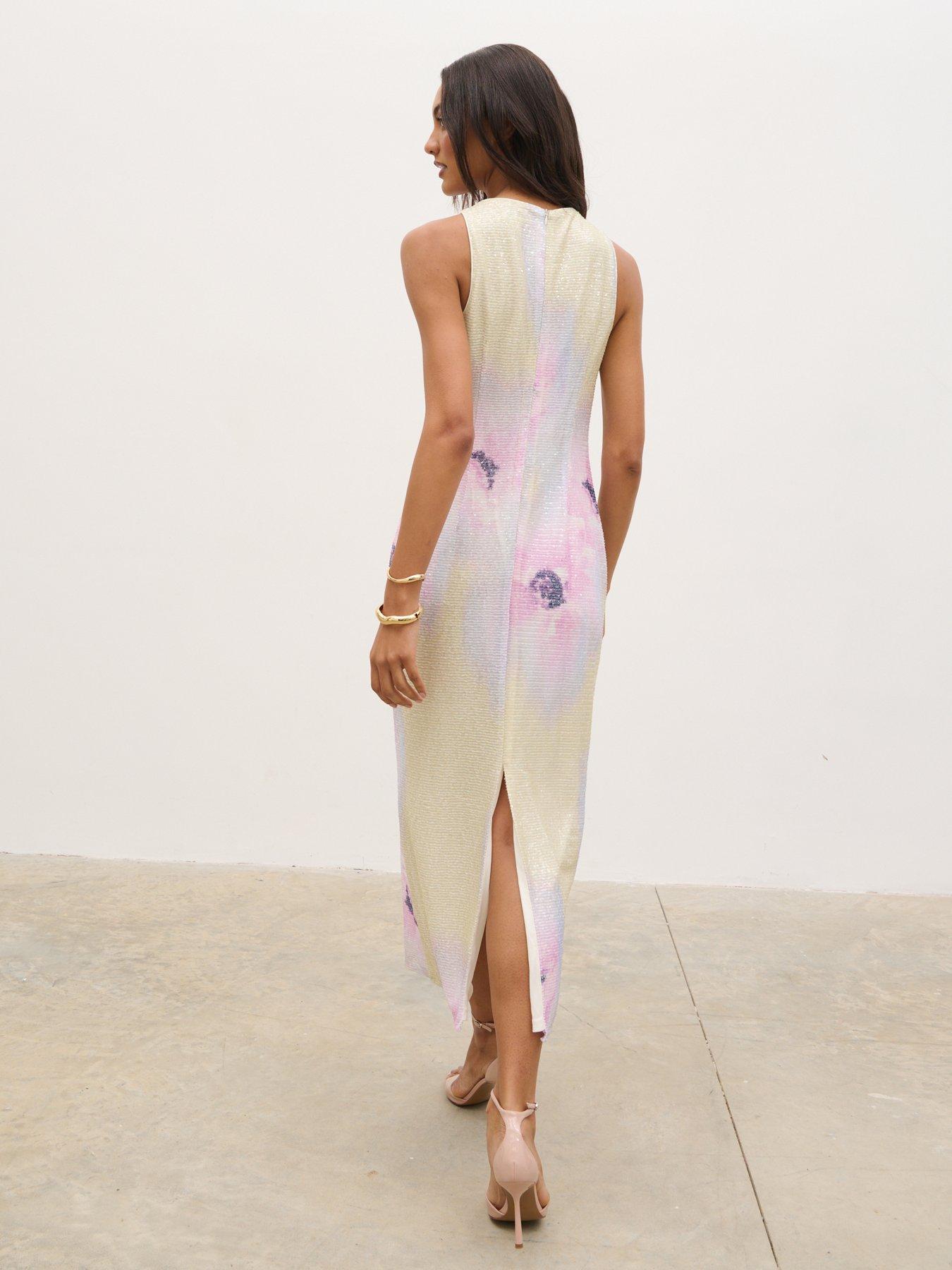Image 2 of 5 of Pretty Lavish Lilou Printed Sequin Midaxi Dress- Apricot And Lilac Floral - Multi