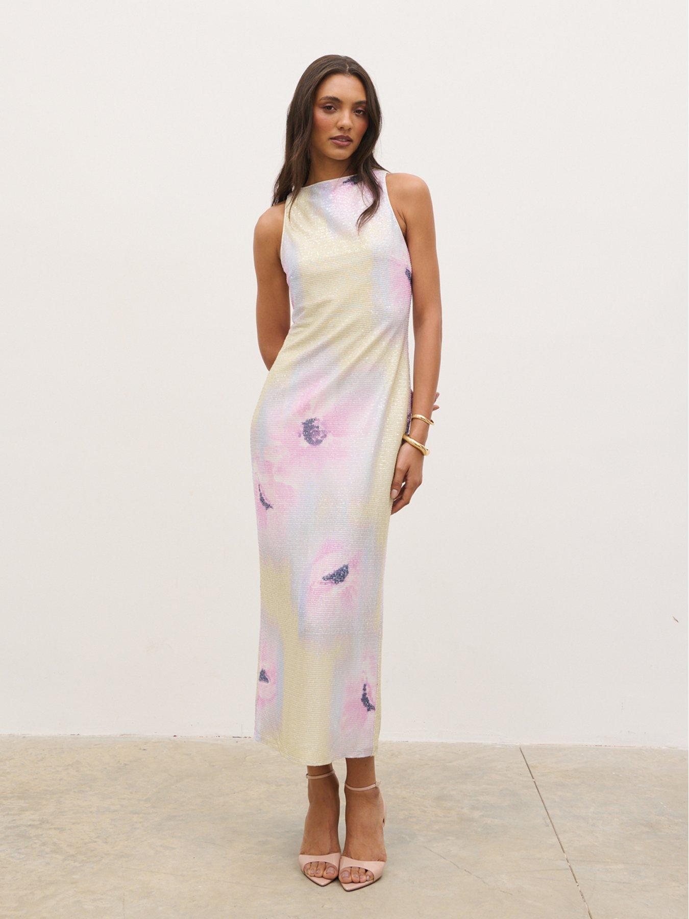 Image 3 of 5 of Pretty Lavish Lilou Printed Sequin Midaxi Dress- Apricot And Lilac Floral - Multi