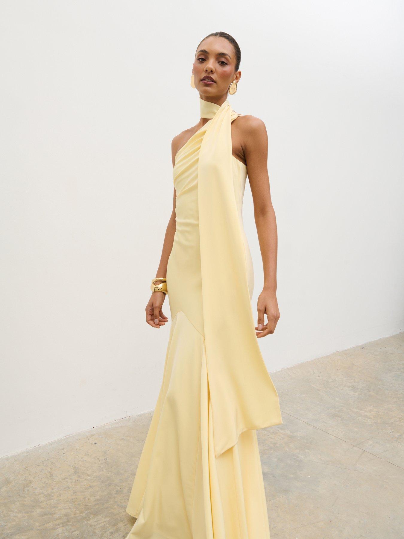 Pretty Lavish Porto One Shoulder Godet Maxi Dress - Lemon