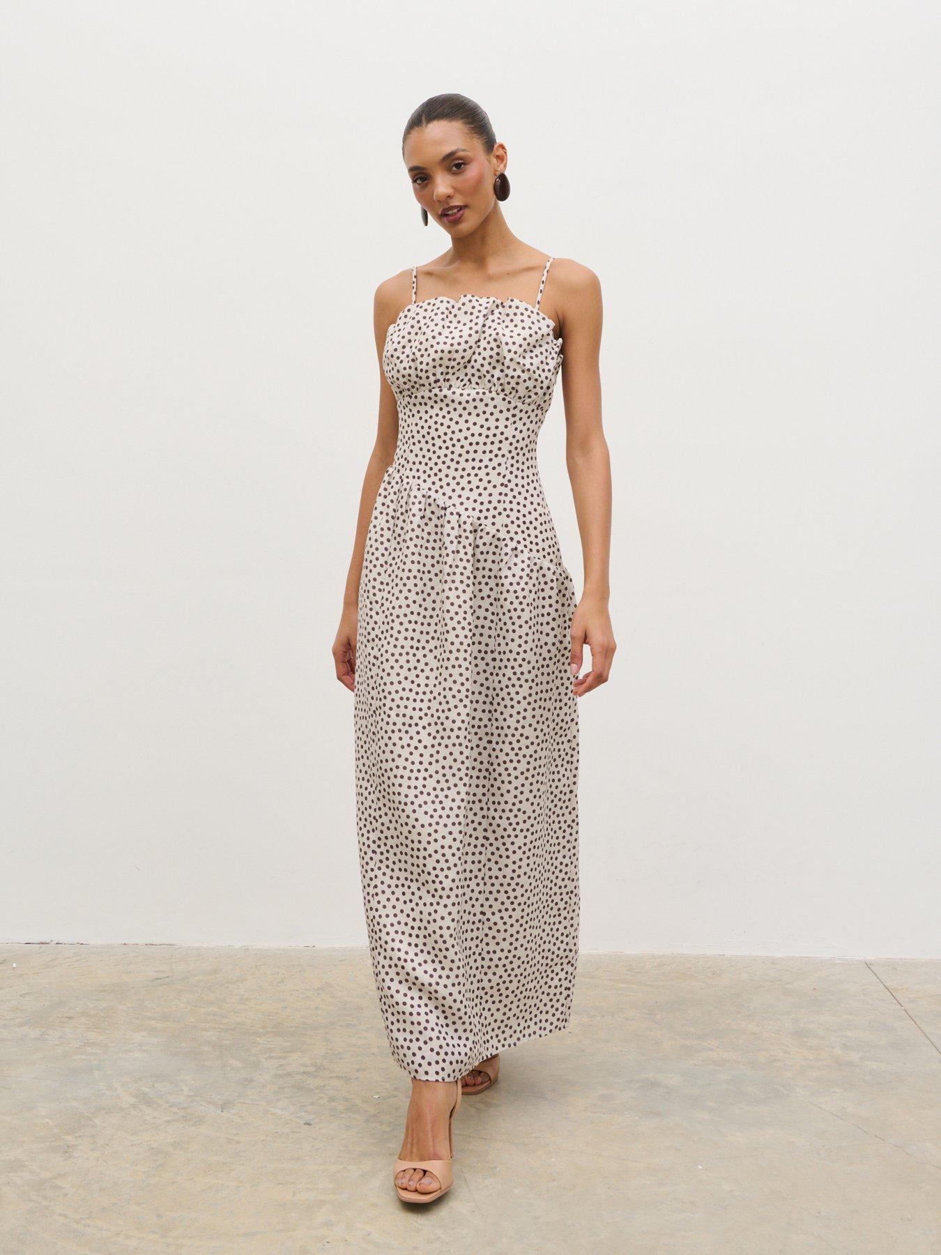 Image 1 of 4 of Pretty Lavish Zaria Corset Detail Maxi Dress - Cream/Brown Polka-Dot