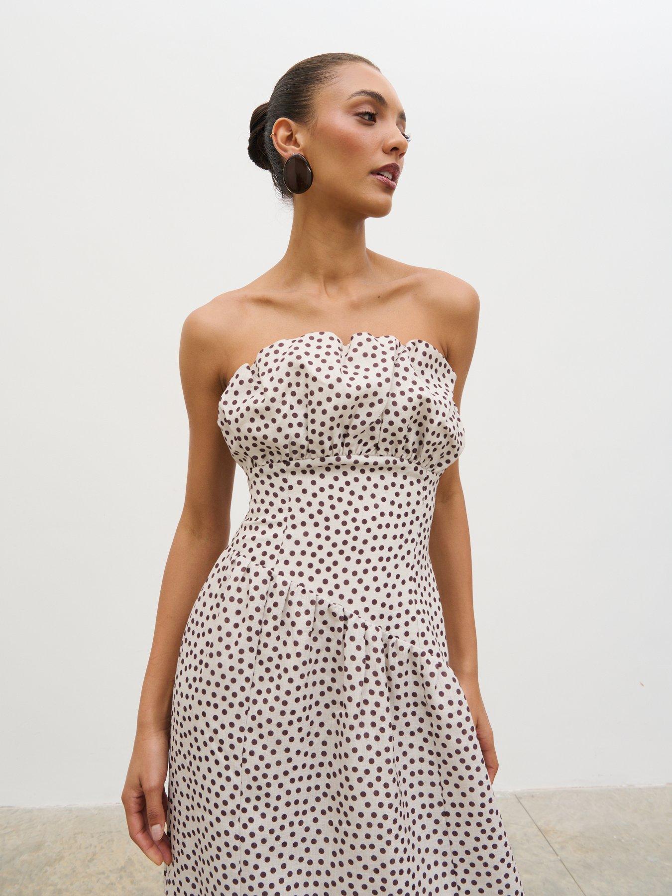 Image 3 of 4 of Pretty Lavish Zaria Corset Detail Maxi Dress - Cream/Brown Polka-Dot