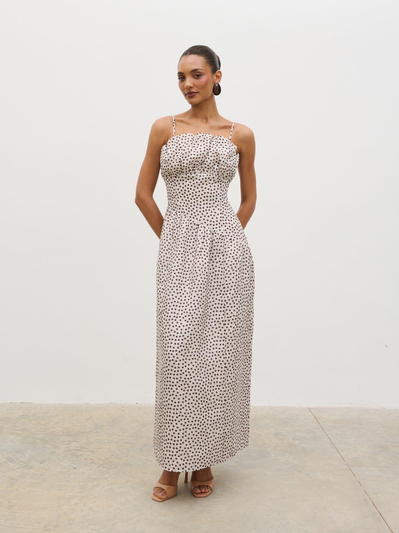 Image 4 of 4 of Pretty Lavish Zaria Corset Detail Maxi Dress - Cream/Brown Polka-Dot