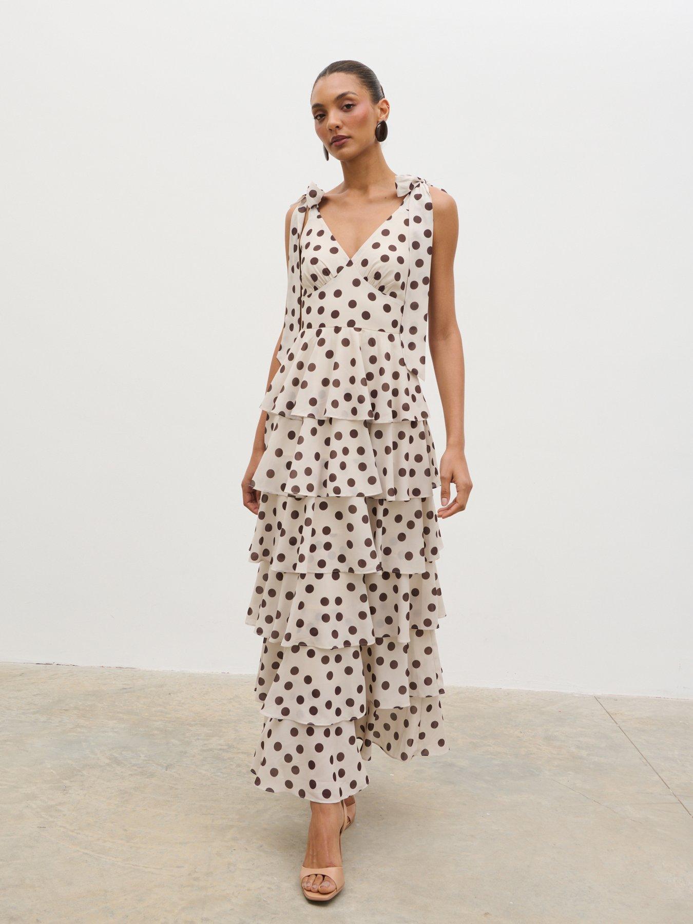 Pretty Lavish Fiore Tie Ruffle Maxi Dress - Large Brown And Seaspray Polkadot