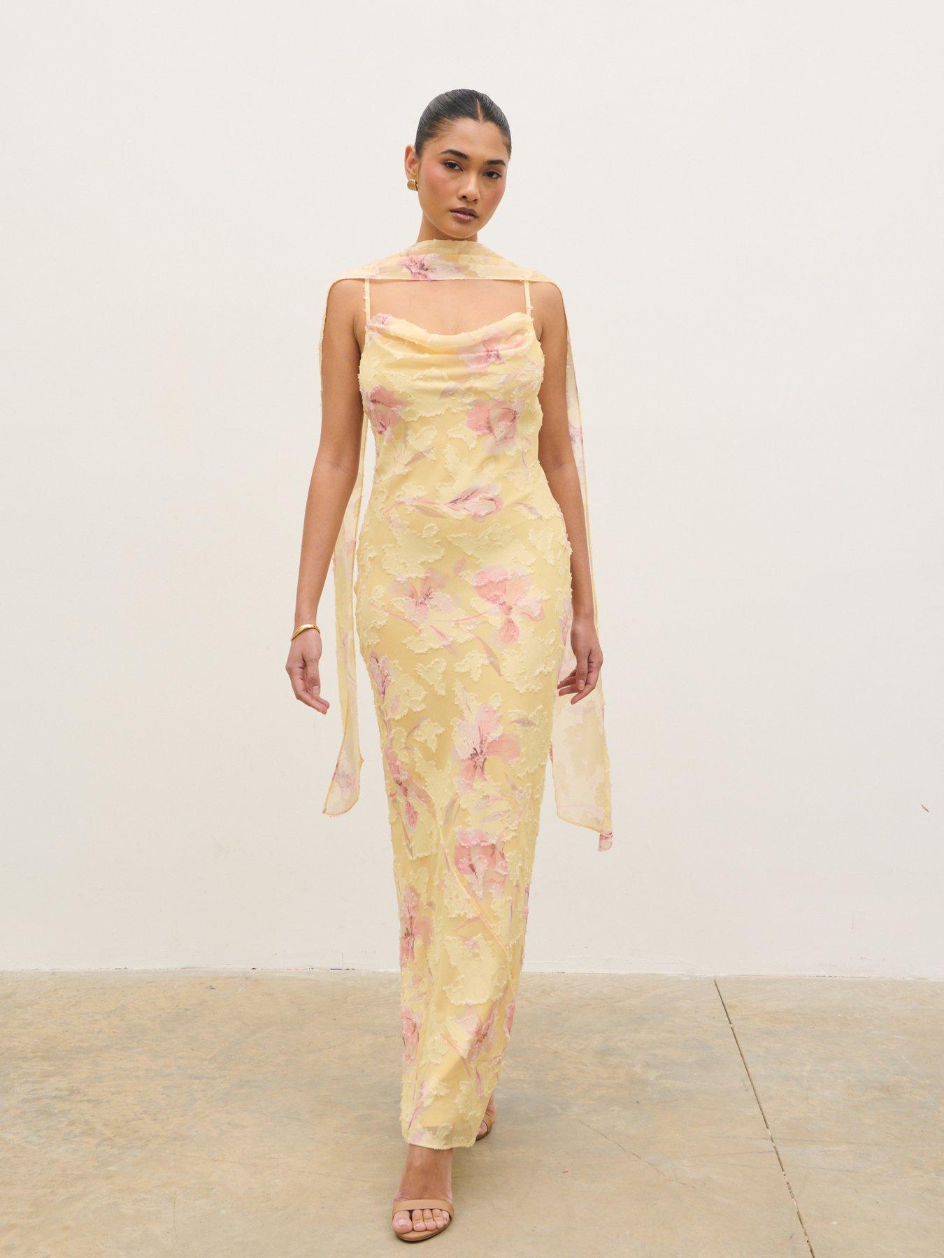 Image 1 of 5 of Pretty Lavish Eden Scarf Jacquard Printed Maxi Dress - Lemon Blush Floral - Yellow