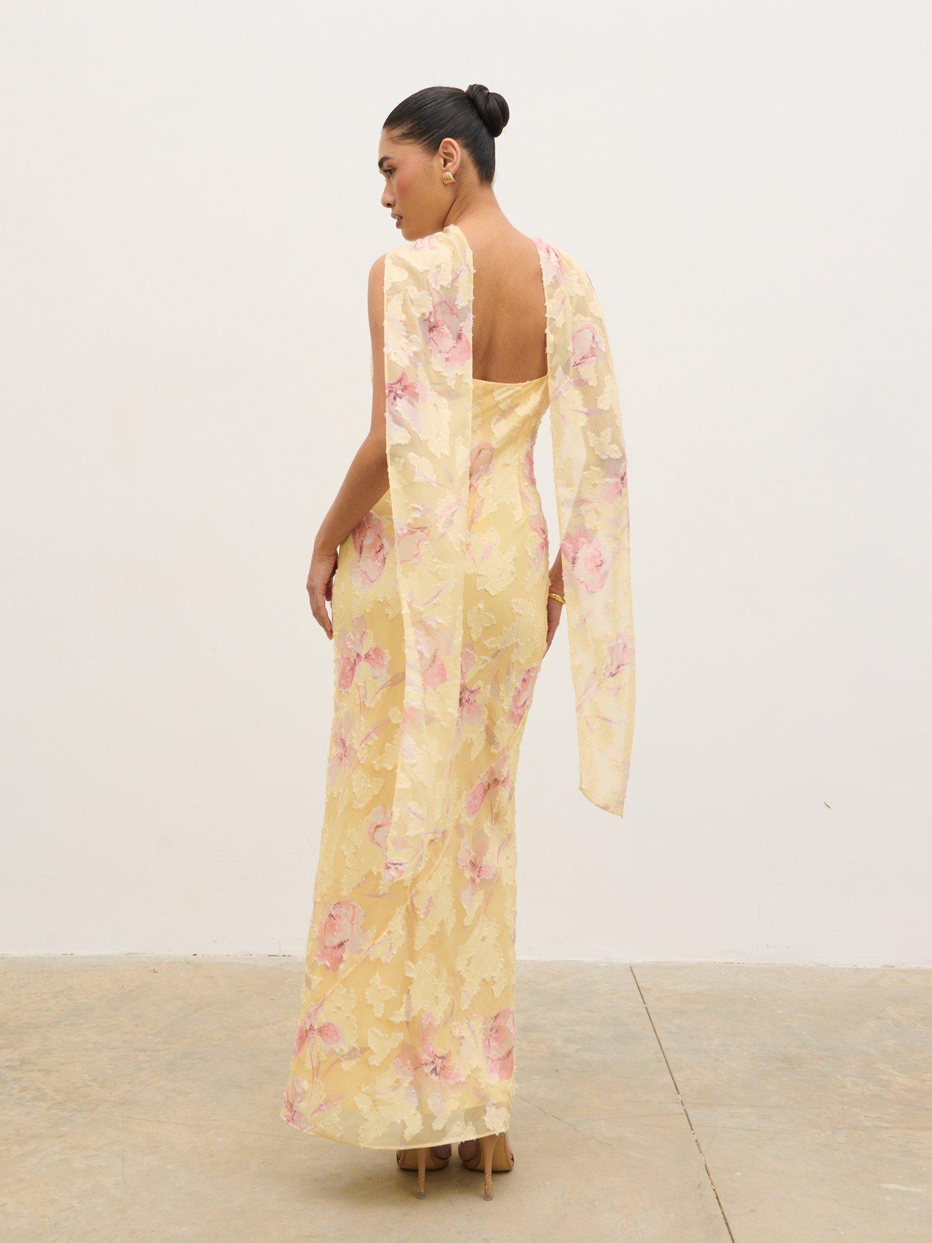 Image 2 of 5 of Pretty Lavish Eden Scarf Jacquard Printed Maxi Dress - Lemon Blush Floral - Yellow