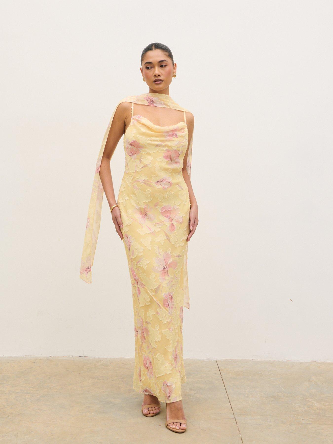 Image 3 of 5 of Pretty Lavish Eden Scarf Jacquard Printed Maxi Dress - Lemon Blush Floral - Yellow