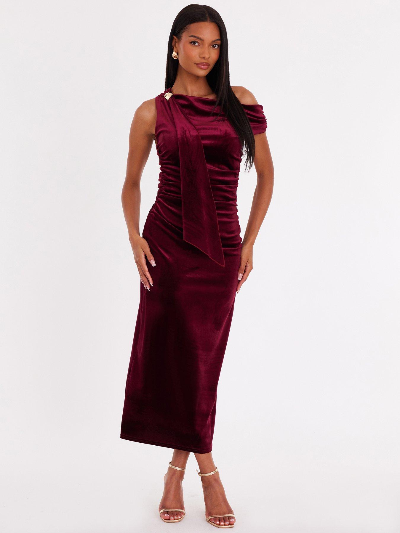 Quiz Burgundy Velvet Sash Detail Midaxi Dress | Very