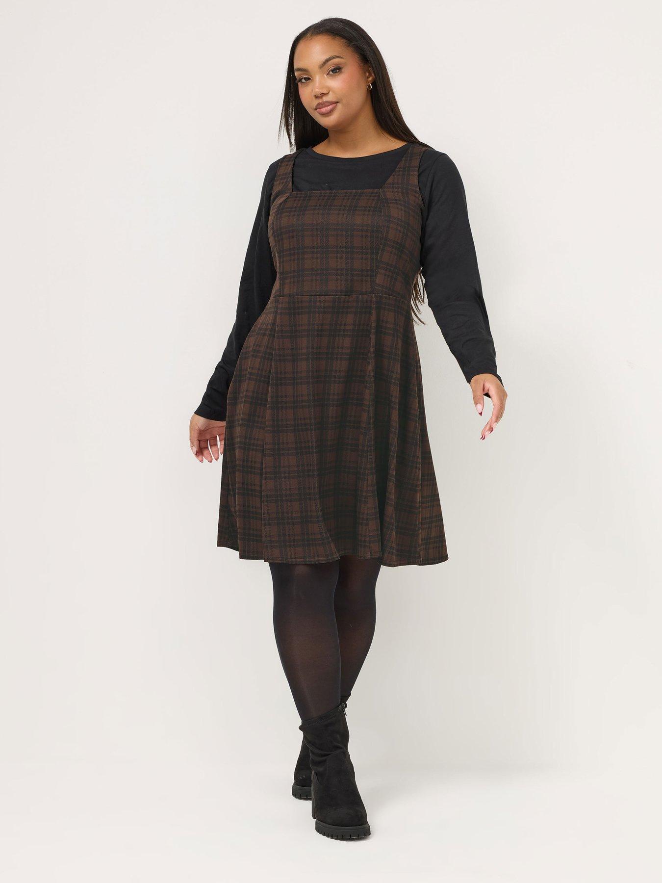 Yours Curve Check Flippy Pinafore - Brown