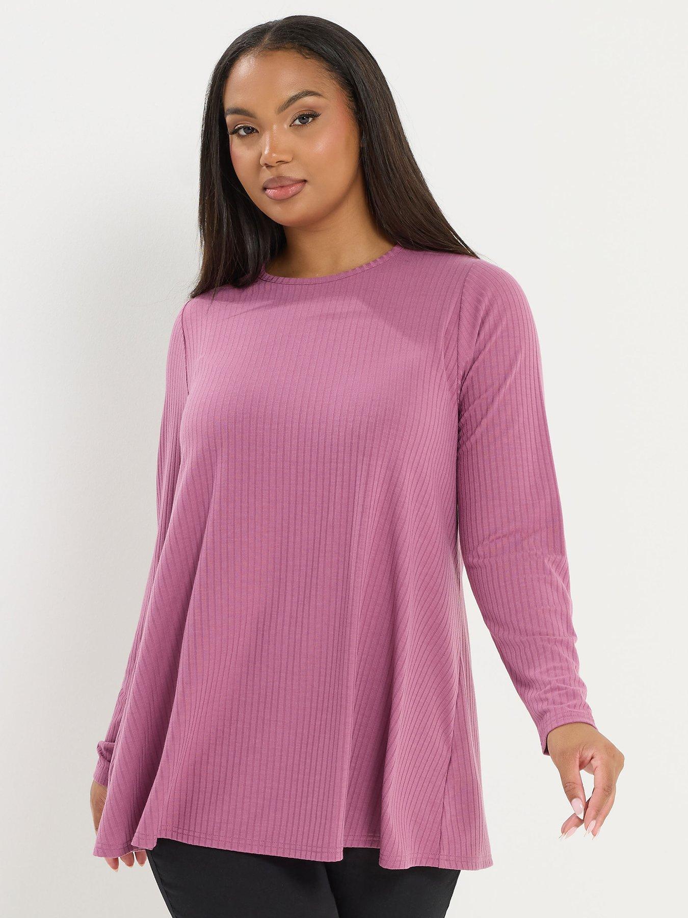 Yours Curve Long Sleeve Rib Swing Top - Pink
