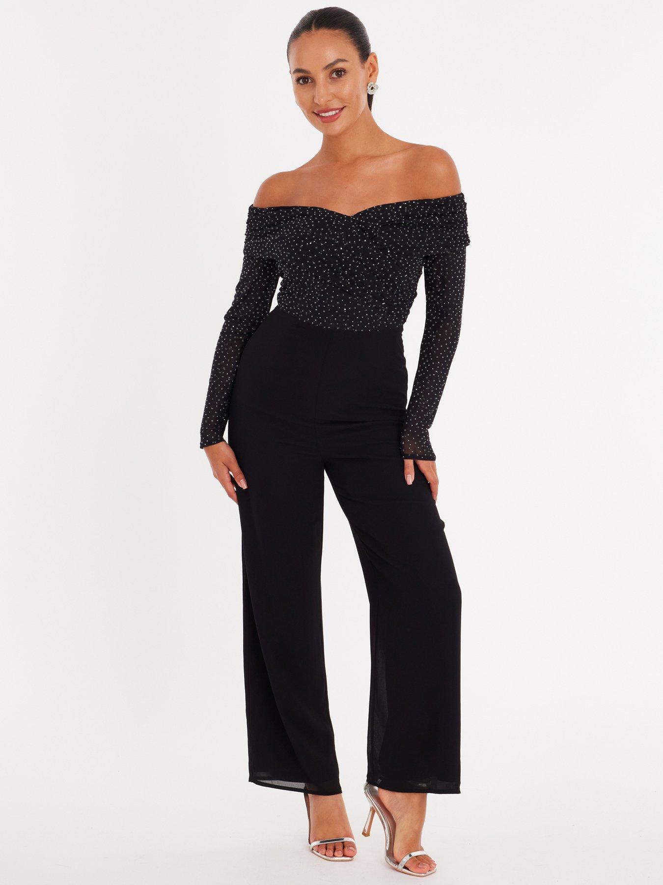 Quiz Petite Black Diamante Bardot Jumpsuit