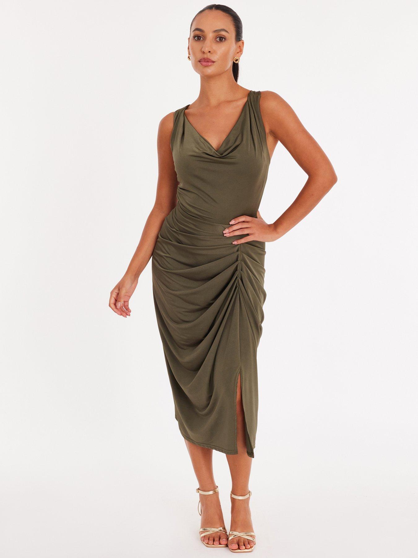 Quiz Petite Khaki Cowl Neck Midi Dress