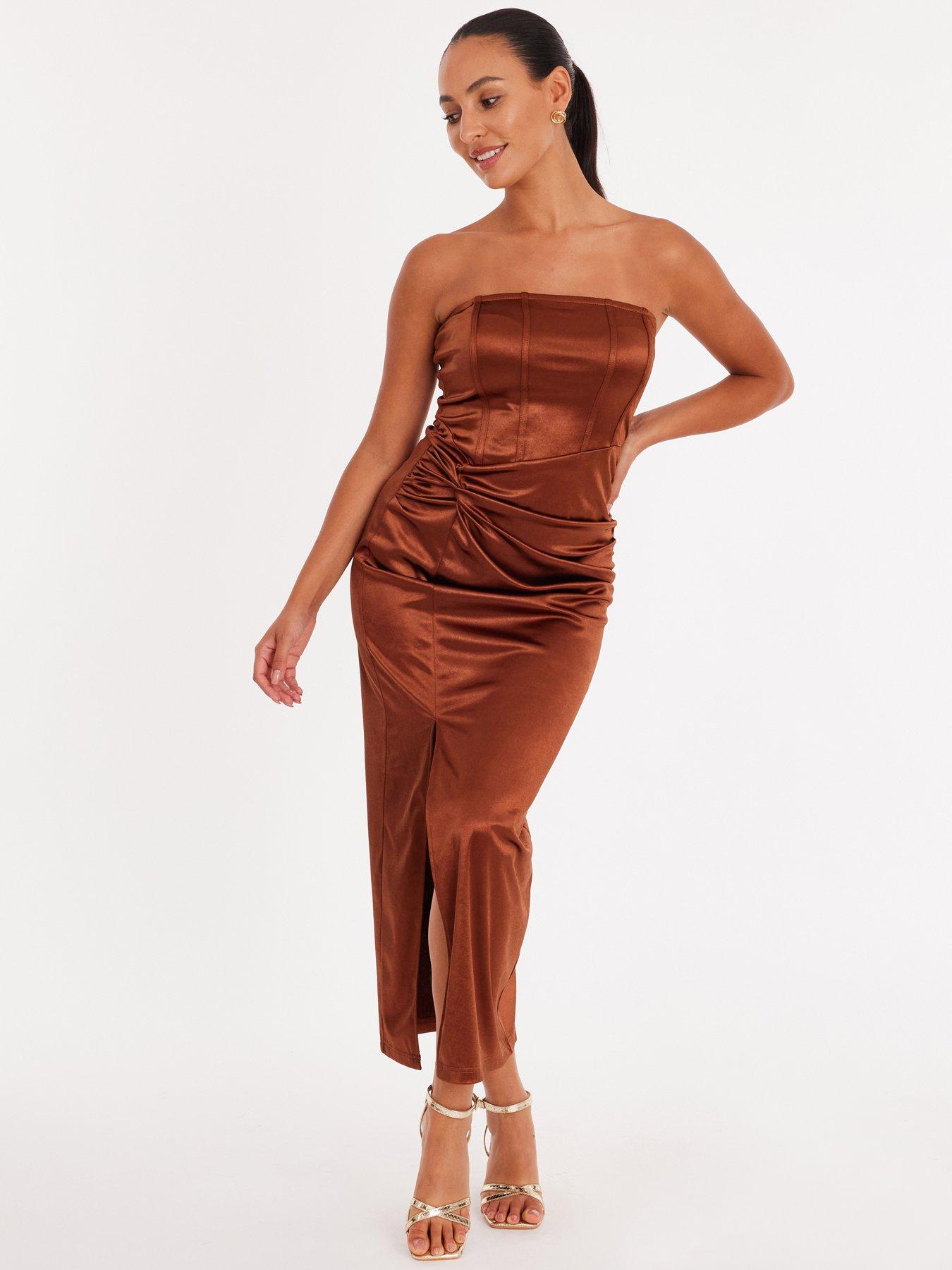 Quiz Petite Brown Satin Corset Midaxi Dress