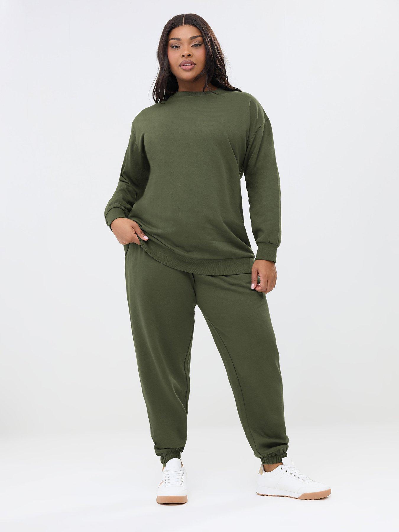 Yours Curve Crew Neck Cuffed Jogger Set - Green
