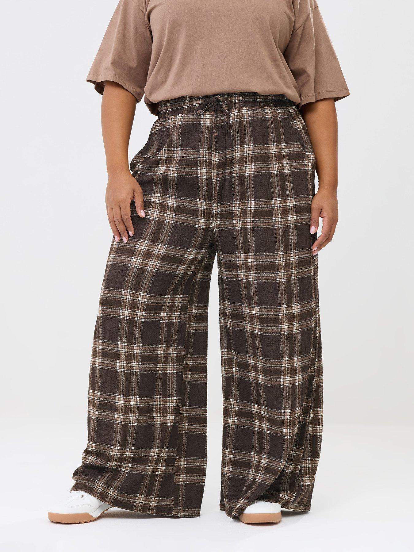 Yours Curve Check Crinkle Wide Leg Trousers - Brown