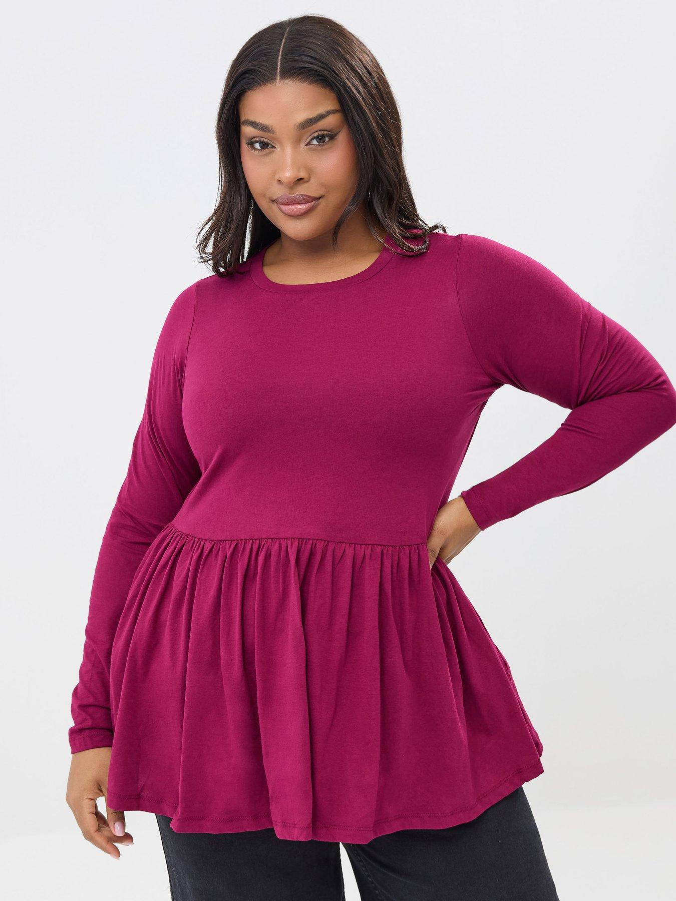 Yours Curve Long Sleeve Peplum Cotton Top - Pink