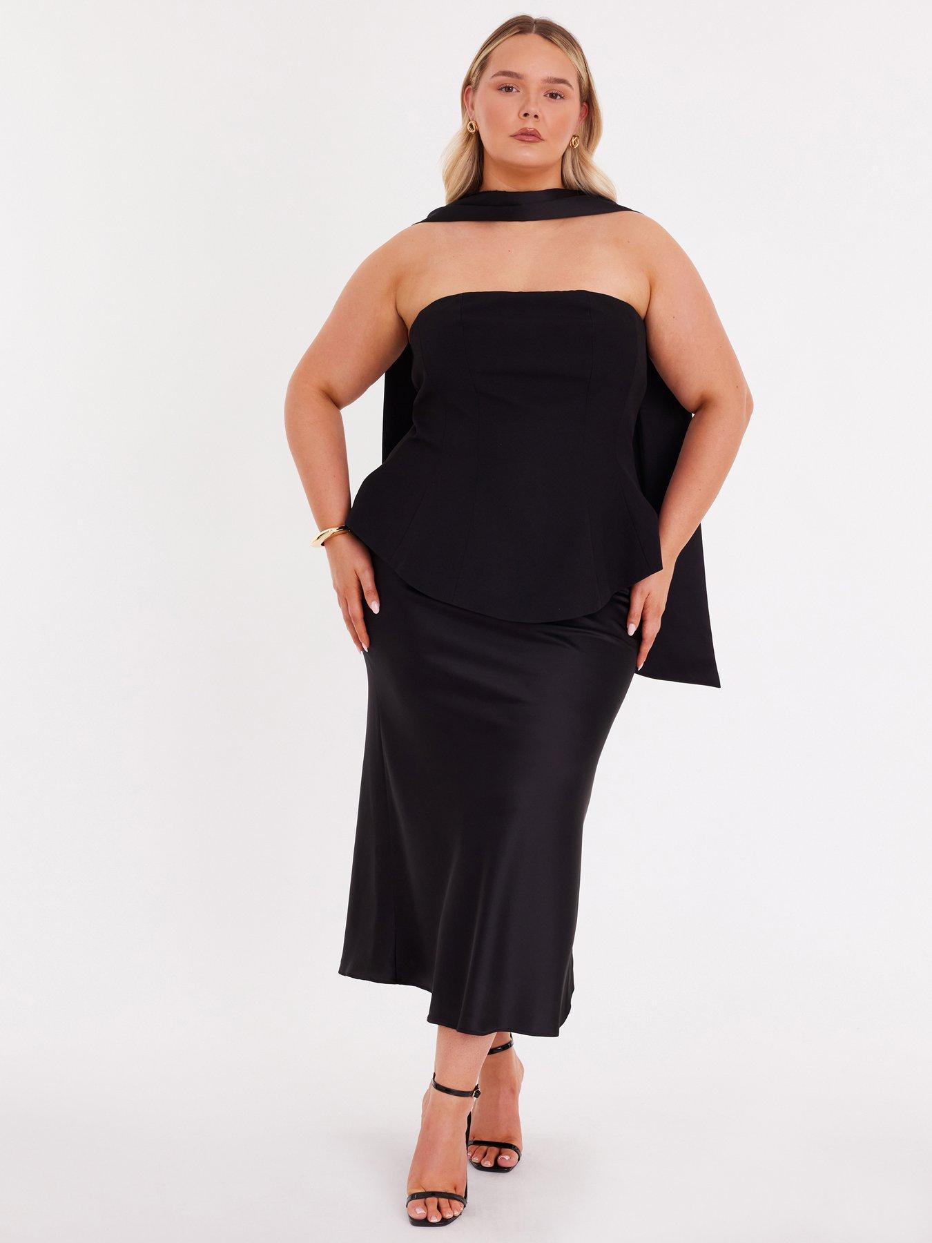 Quiz Curve Black Satin Hem Midaxi Dress