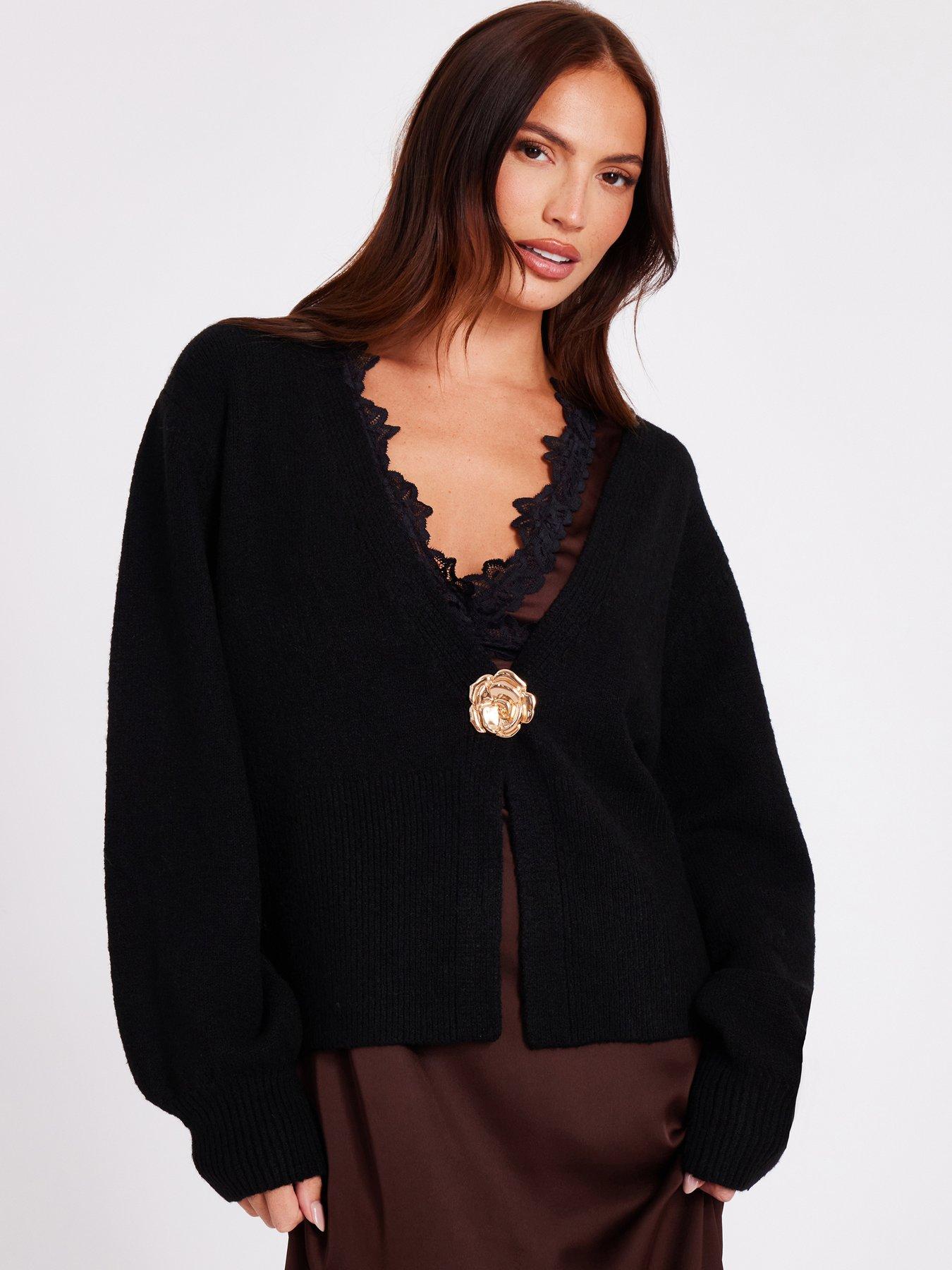 Quiz Black Knit Flower Button Cardigan