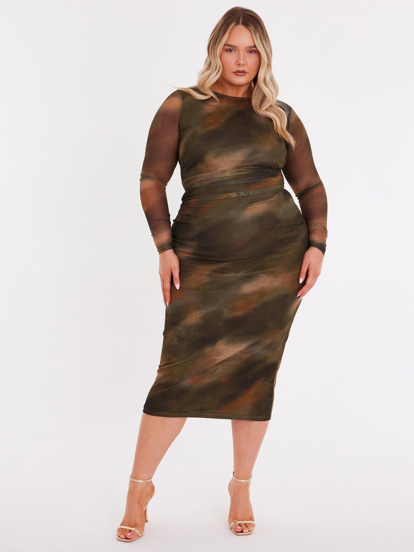Quiz Curve Khaki Printed Long Sleeve Midaxi Dress