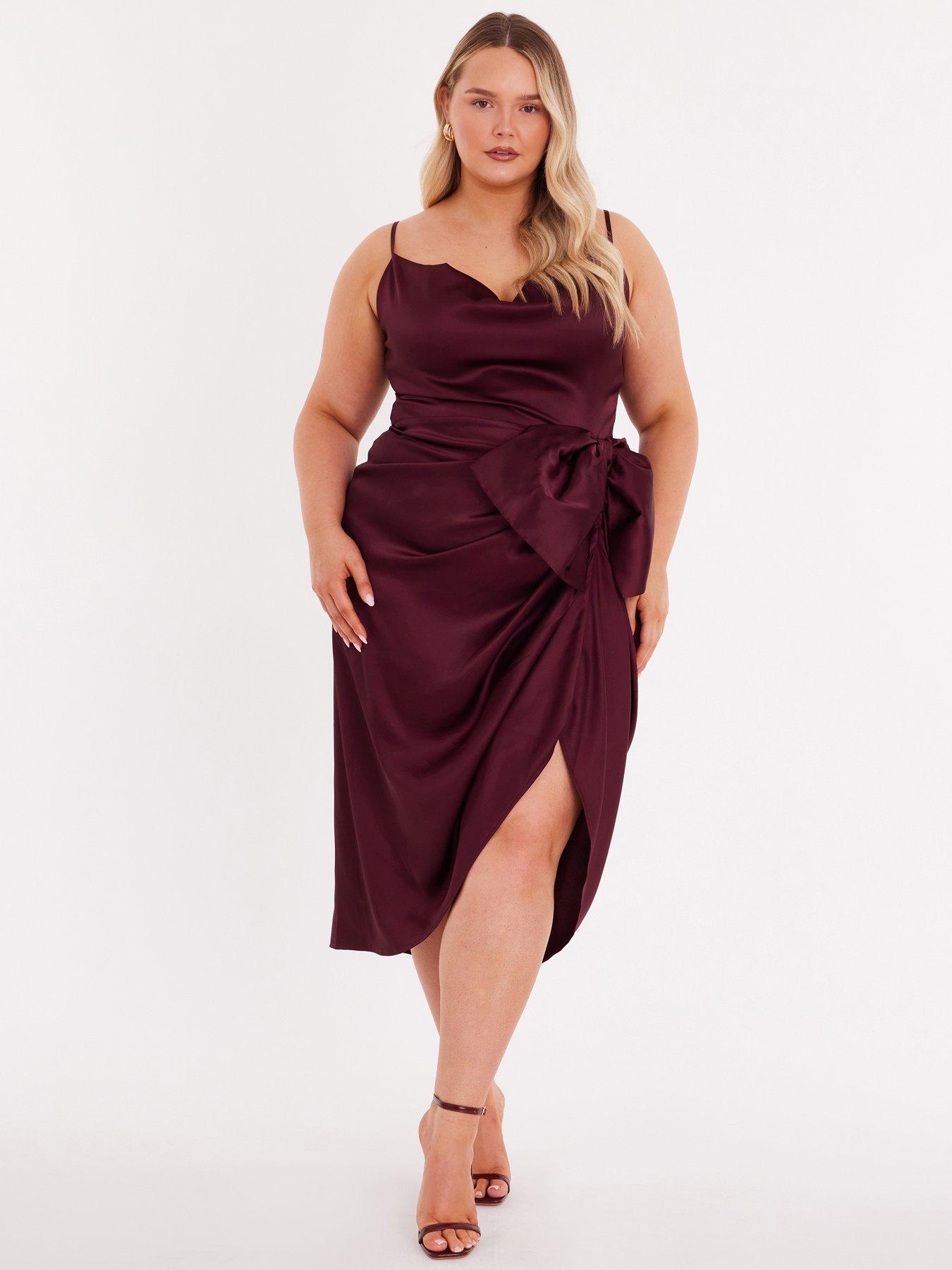 Quiz Curve Burgundy Bow Front Midi Dress