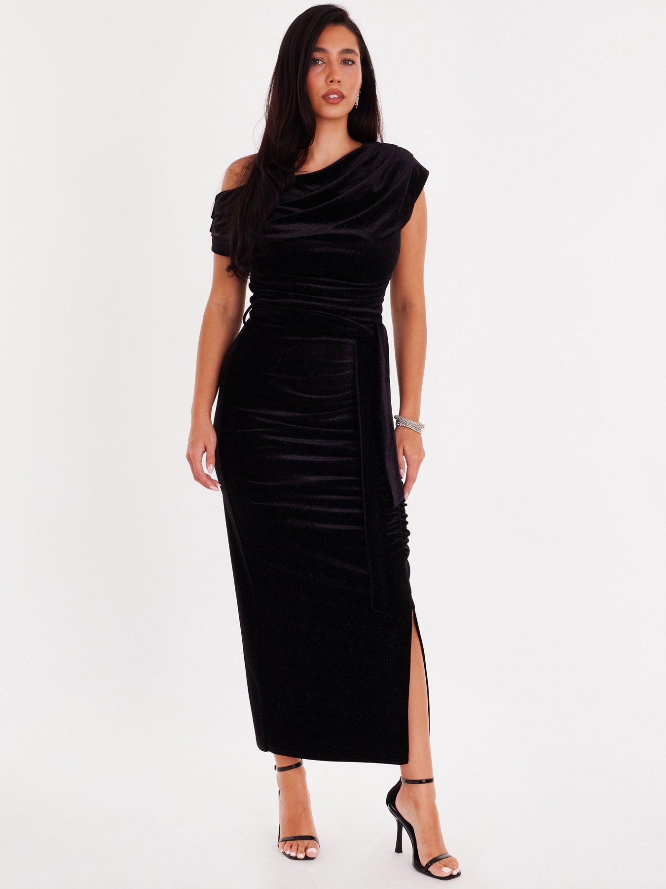 Quiz Black Glitter Velvet Tie Waist Midaxi Dress