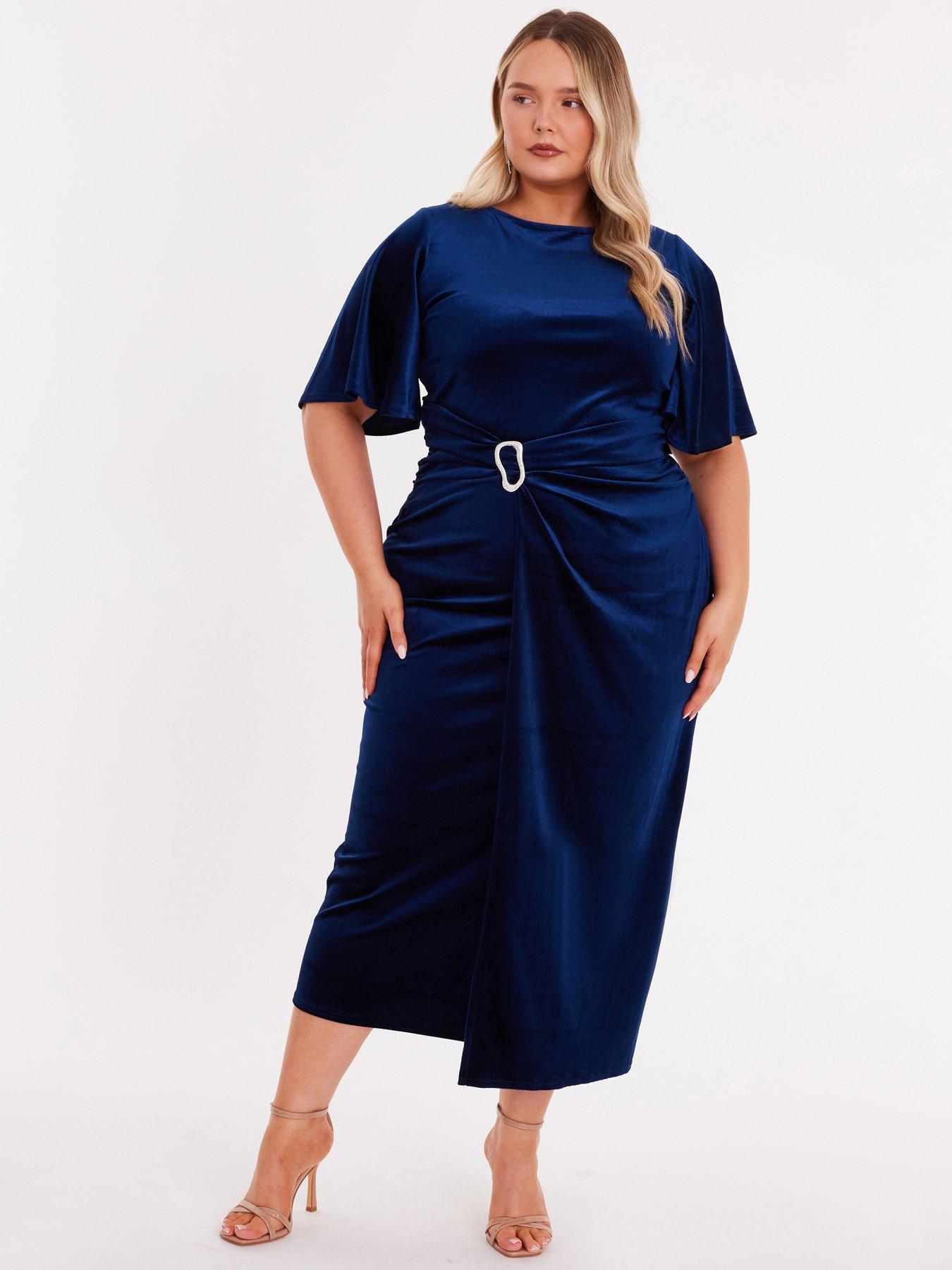 Image 1 of 6 of Quiz Navy Velvet Buckle Midaxi Dress