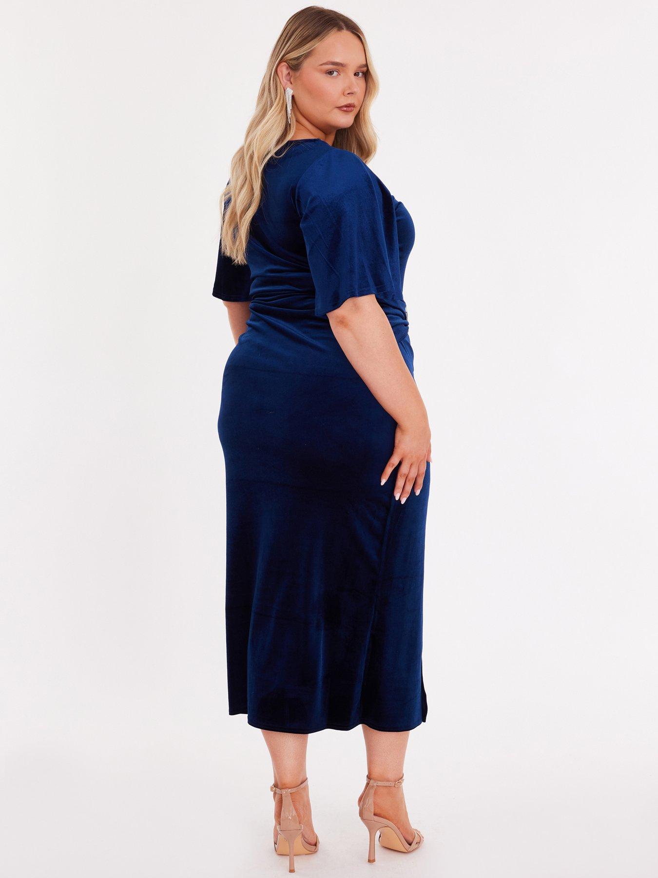 Image 2 of 6 of Quiz Navy Velvet Buckle Midaxi Dress
