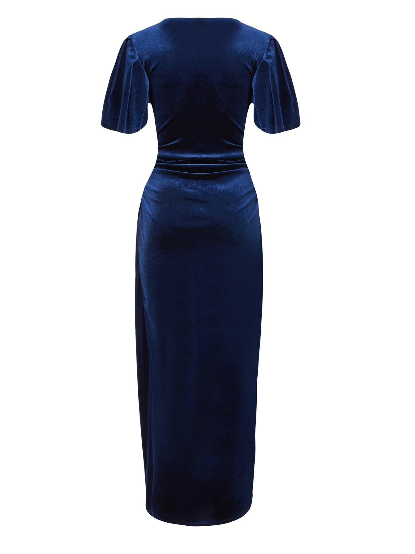 Image 4 of 6 of Quiz Navy Velvet Buckle Midaxi Dress