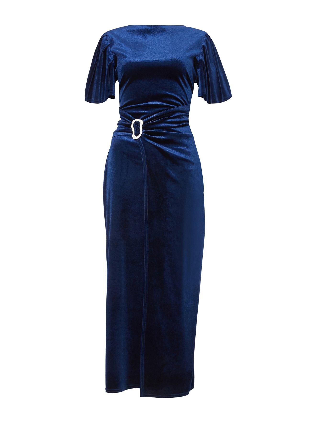 Image 5 of 6 of Quiz Navy Velvet Buckle Midaxi Dress