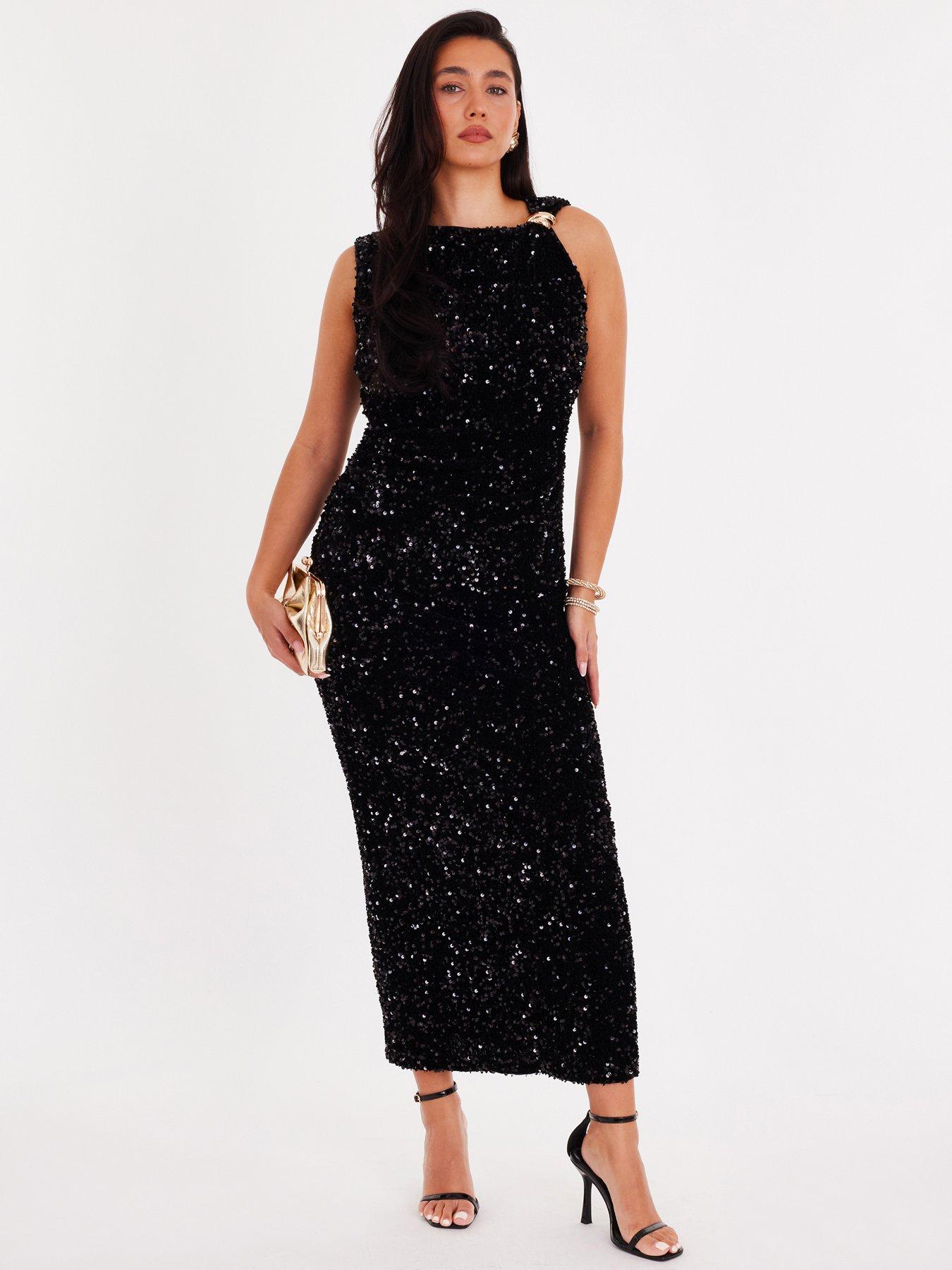 Quiz Black Sequin Buckle Detail Midaxi Dress