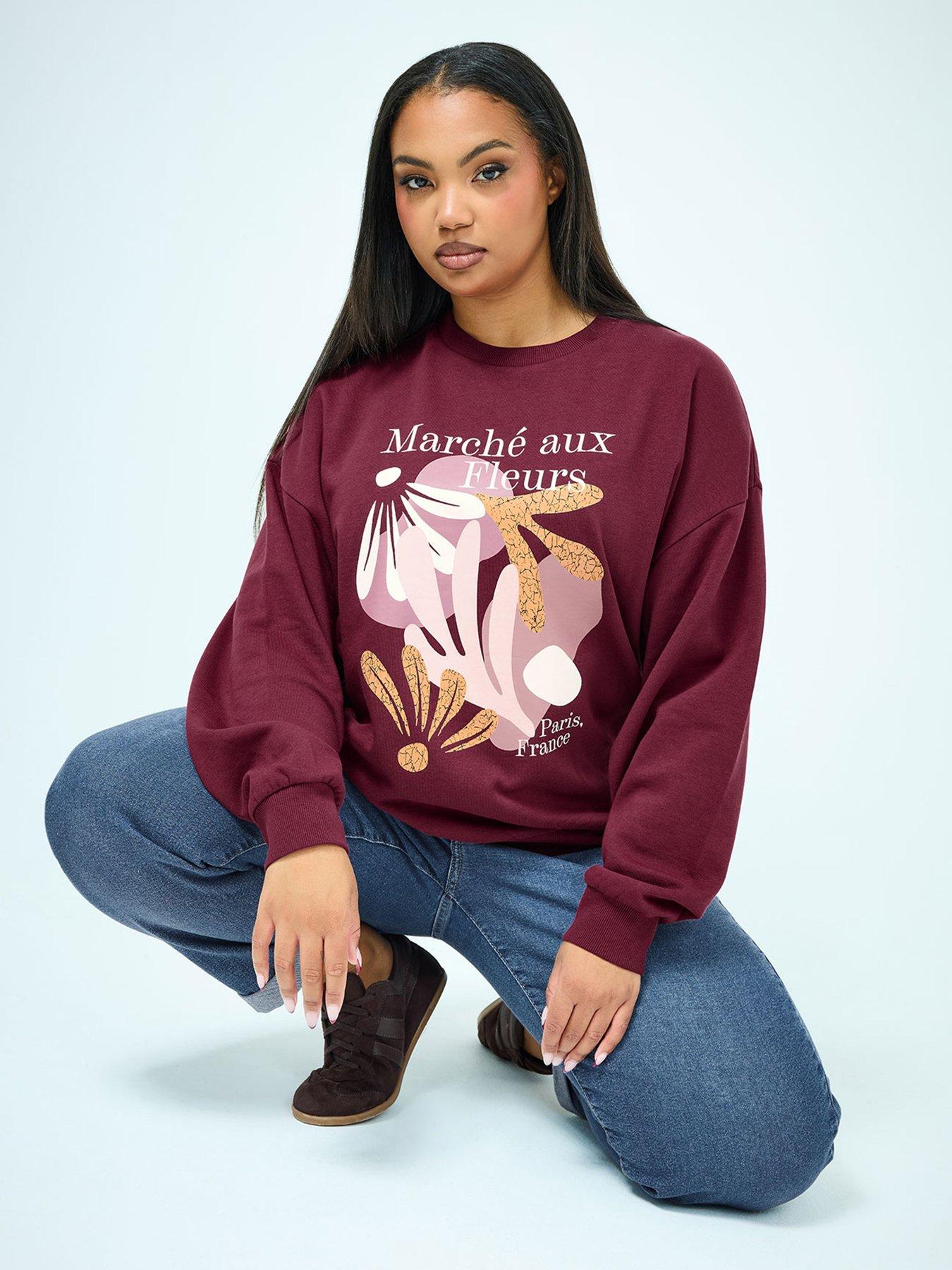 Yours Curve Marche Aux Fleurs Slogan Sweatshirt - Red