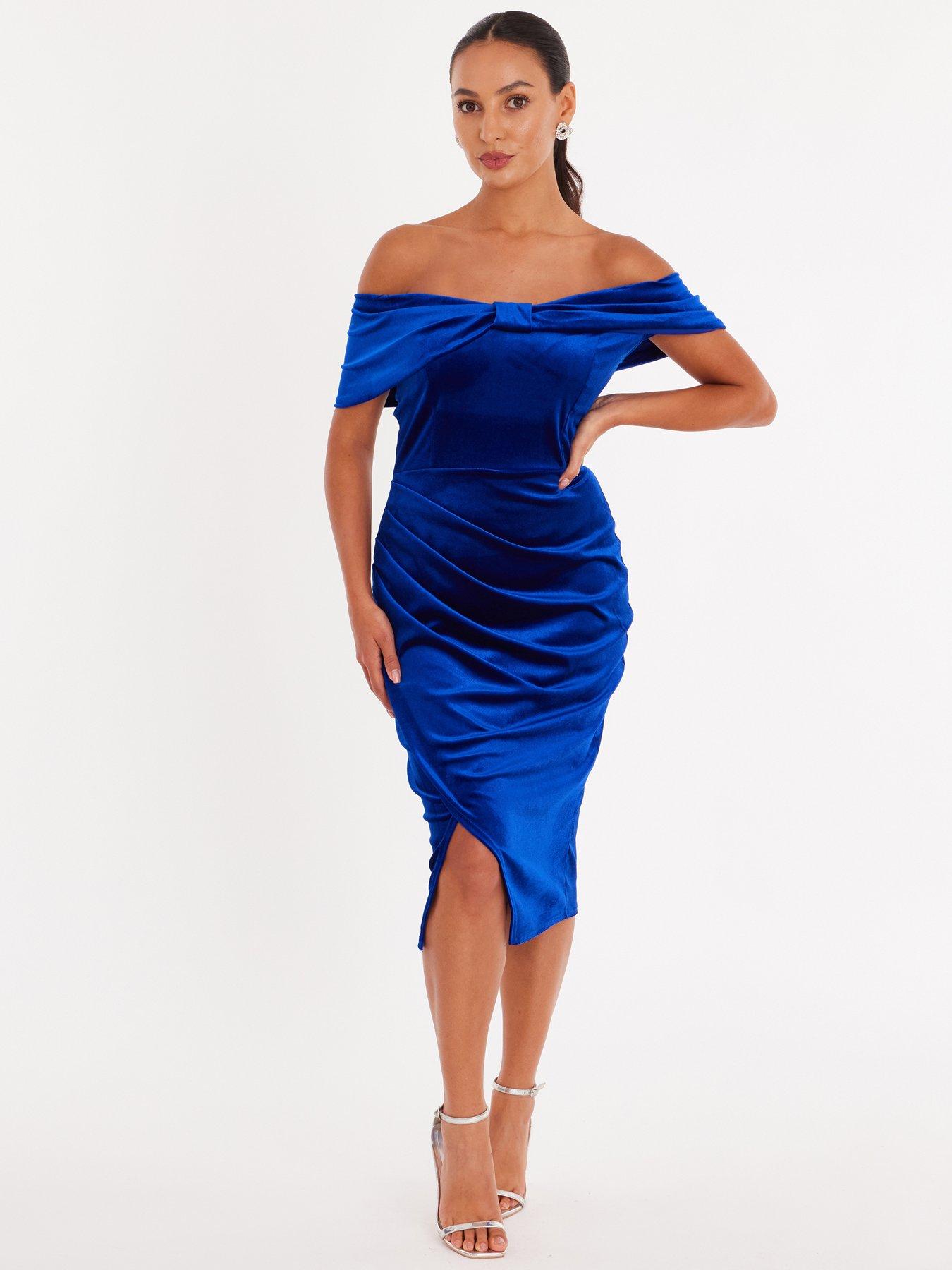 Quiz Petite Royal Blue Velvet Bardot Midi Dress | Very