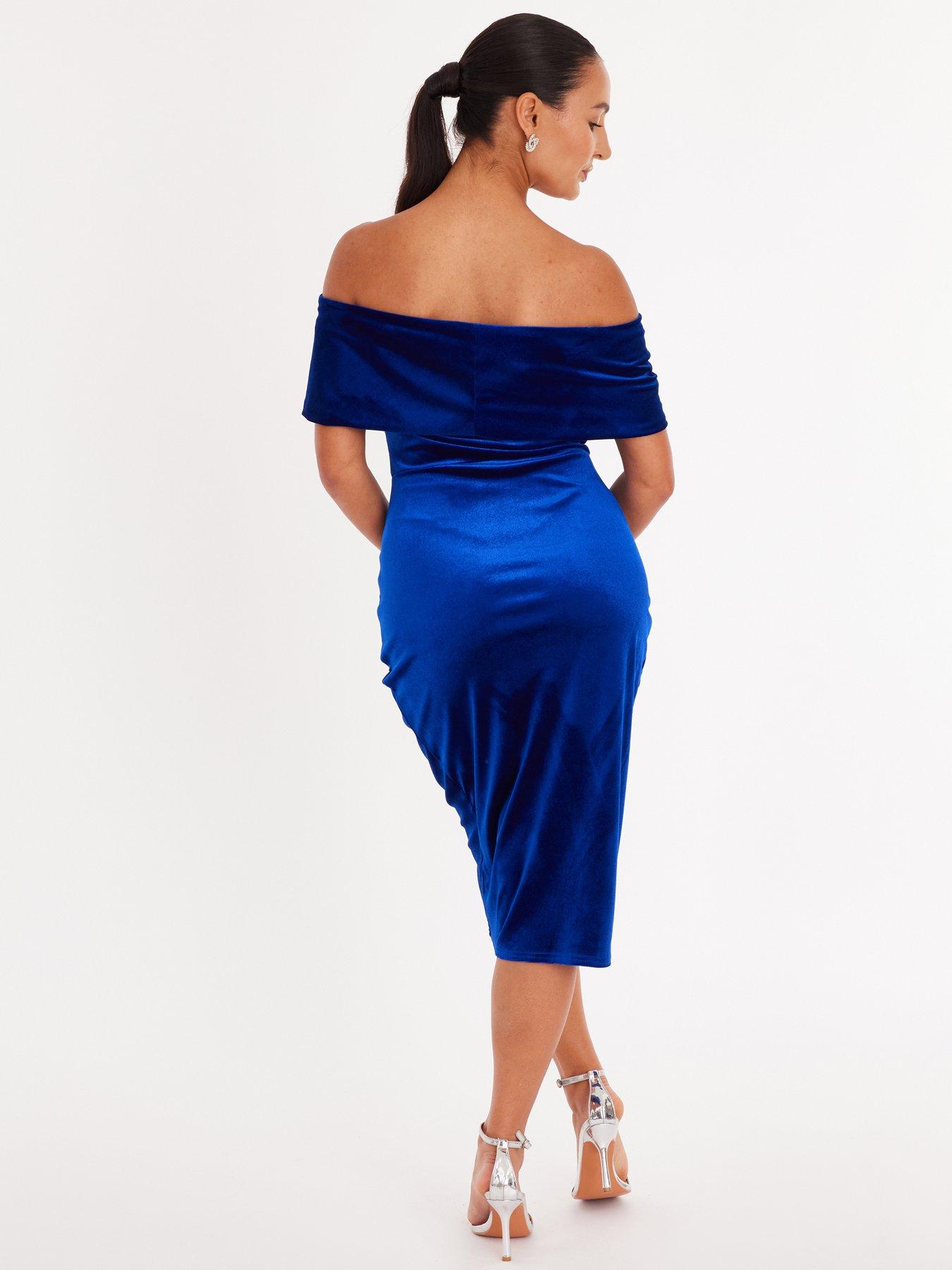 bardot blue velvet dress Velvet Bardot Midi Dress Blue – Rosies Closet
