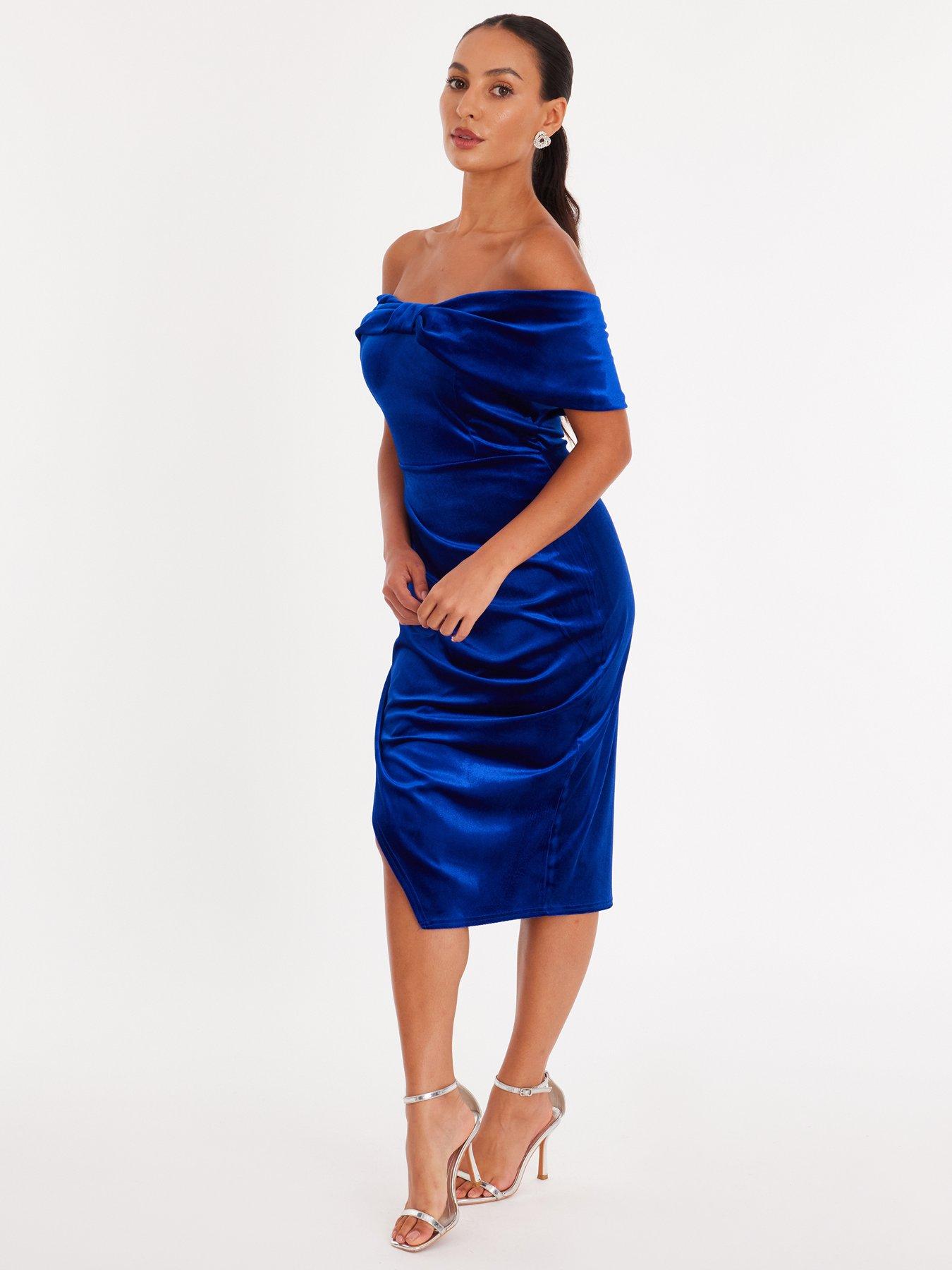 blue velvet bardot dress Midnight Blue Velvet Embellished Sleeve Bardot Dress