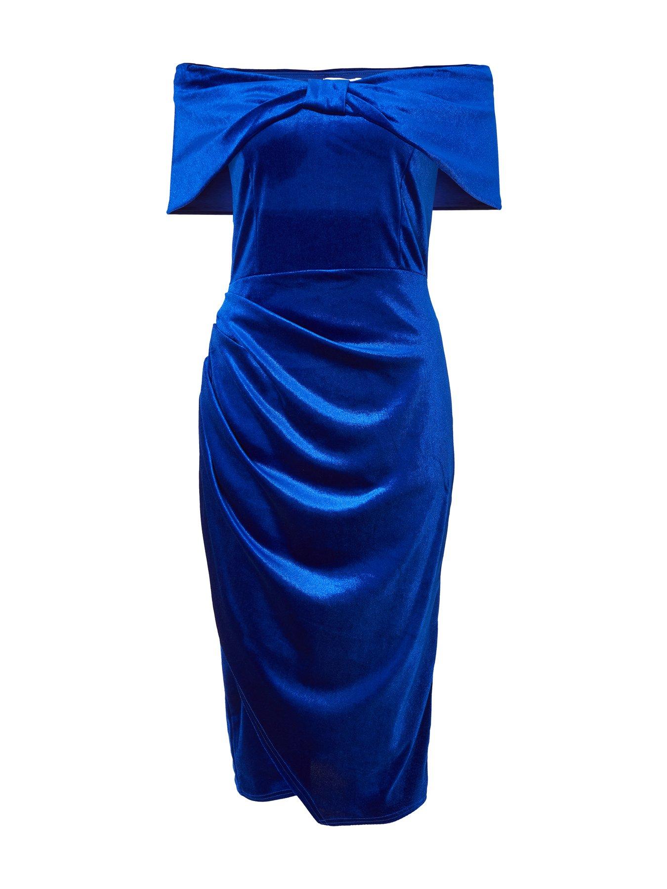 Quiz Petite Royal Blue Velvet Bardot Midi Dress | Very