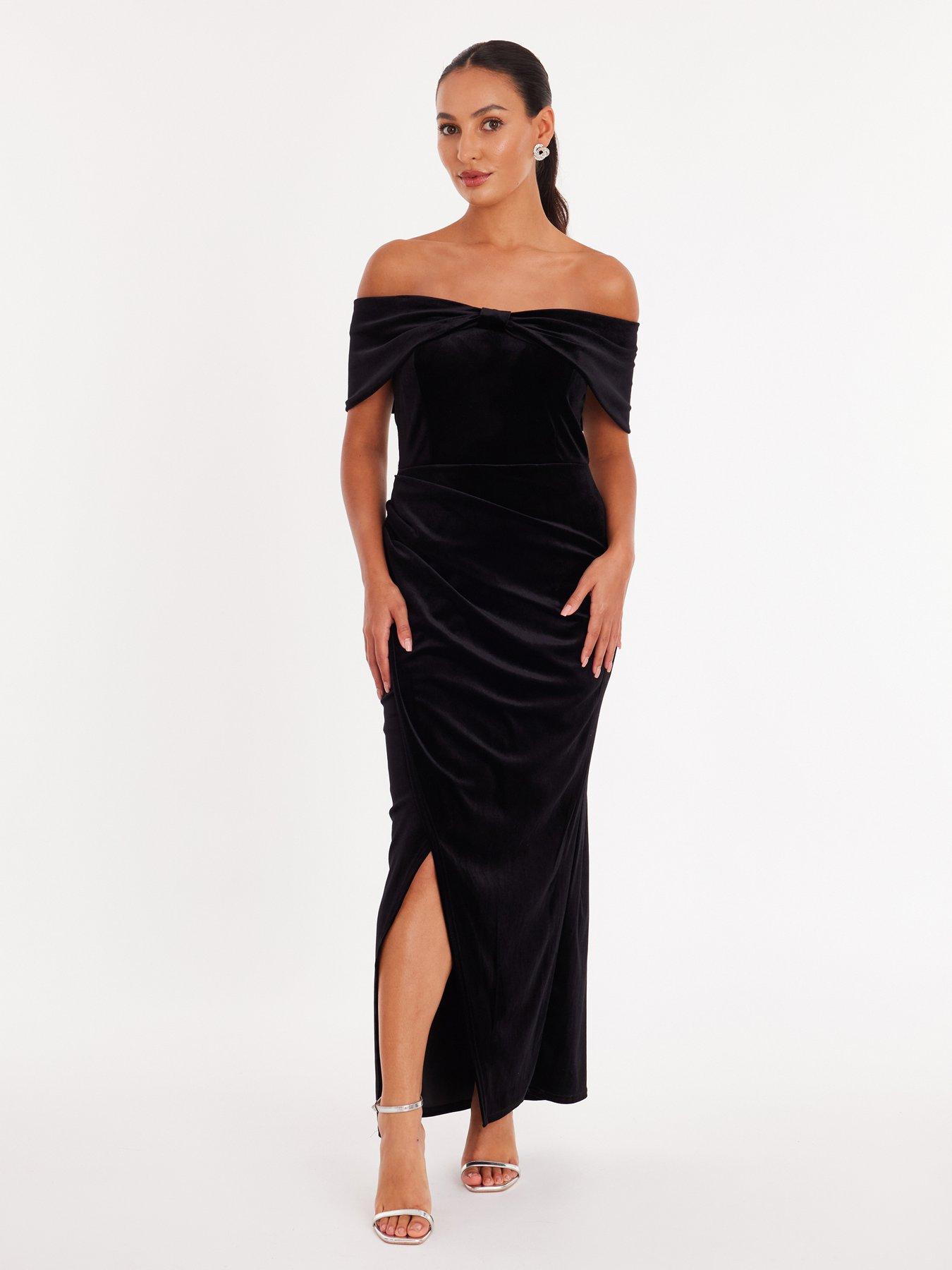 Quiz Petite Black Velvet Bardot Maxi Dress | Very