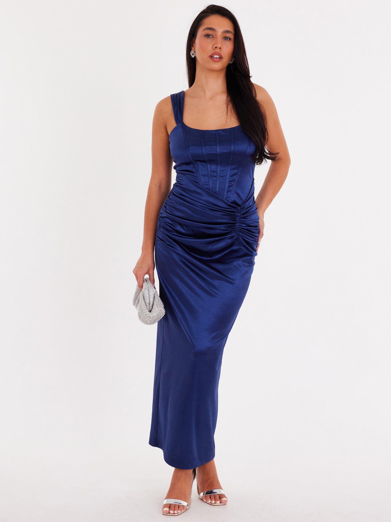 Quiz Navy Square Neck Satin Midaxi Dress