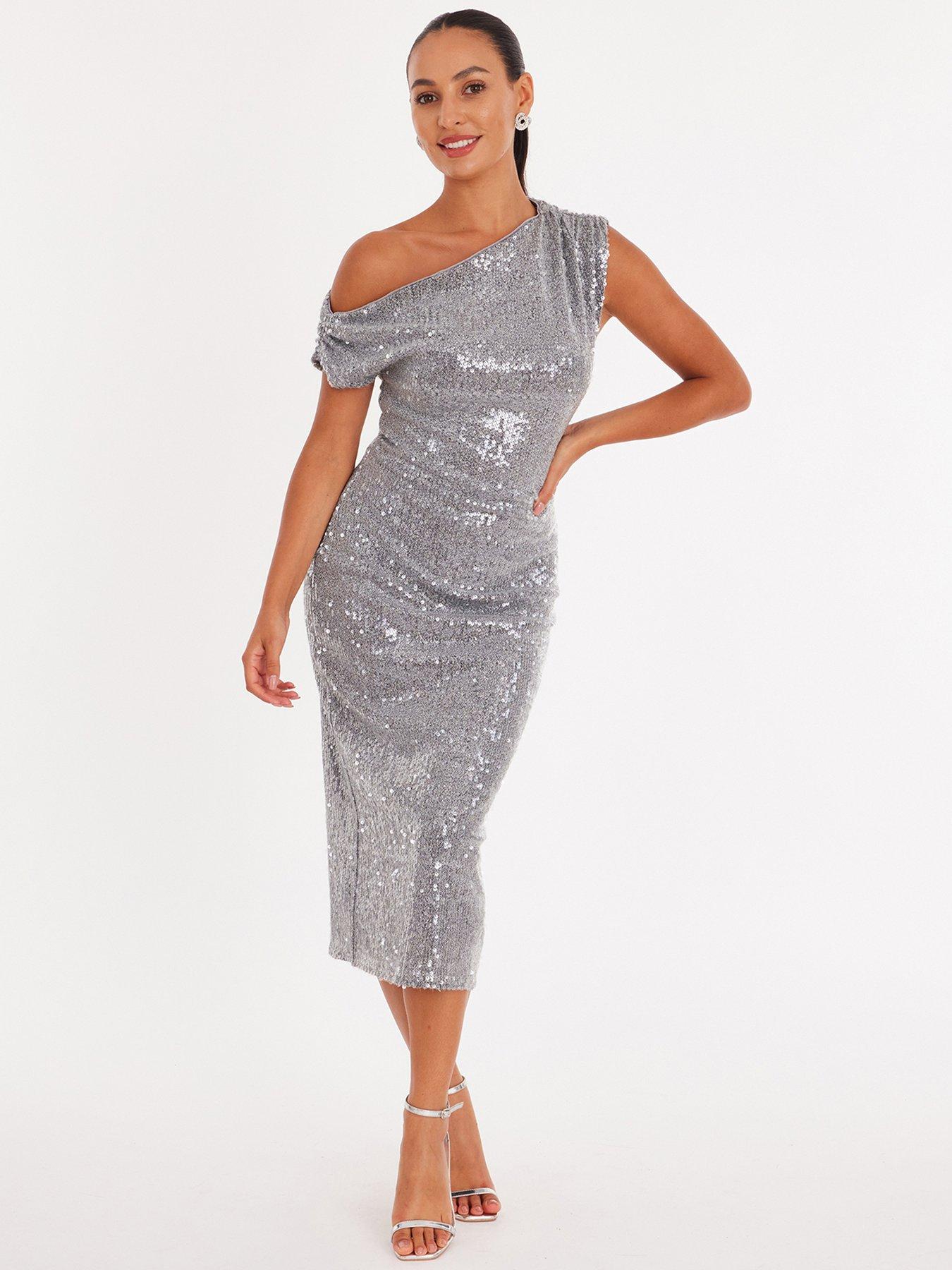Quiz Petite Silver Sequin Asymmetric Midaxi Dress