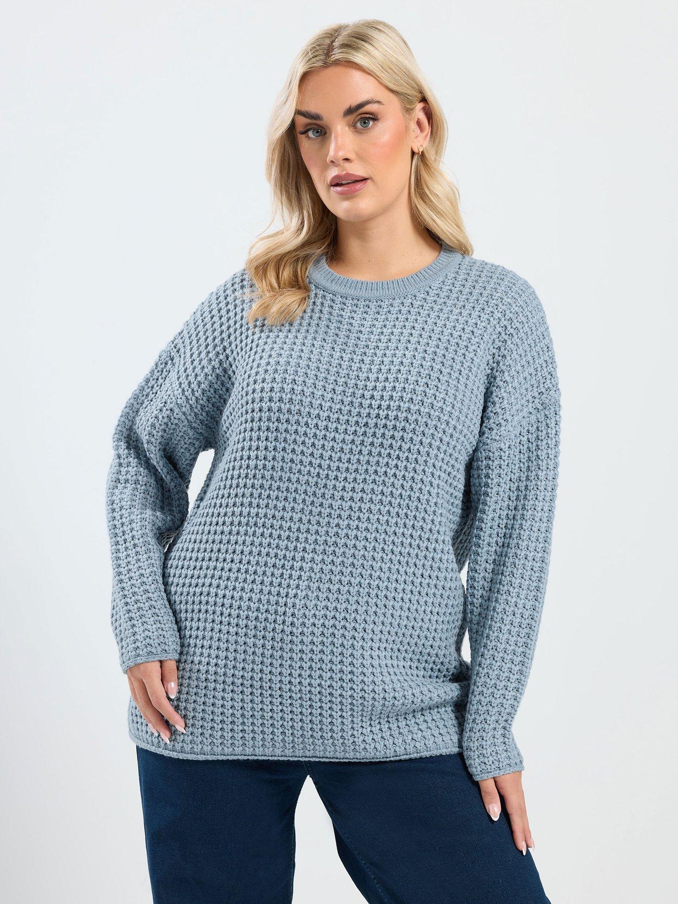 Yours Curve Waffle Knit Crew Jumper - Blue