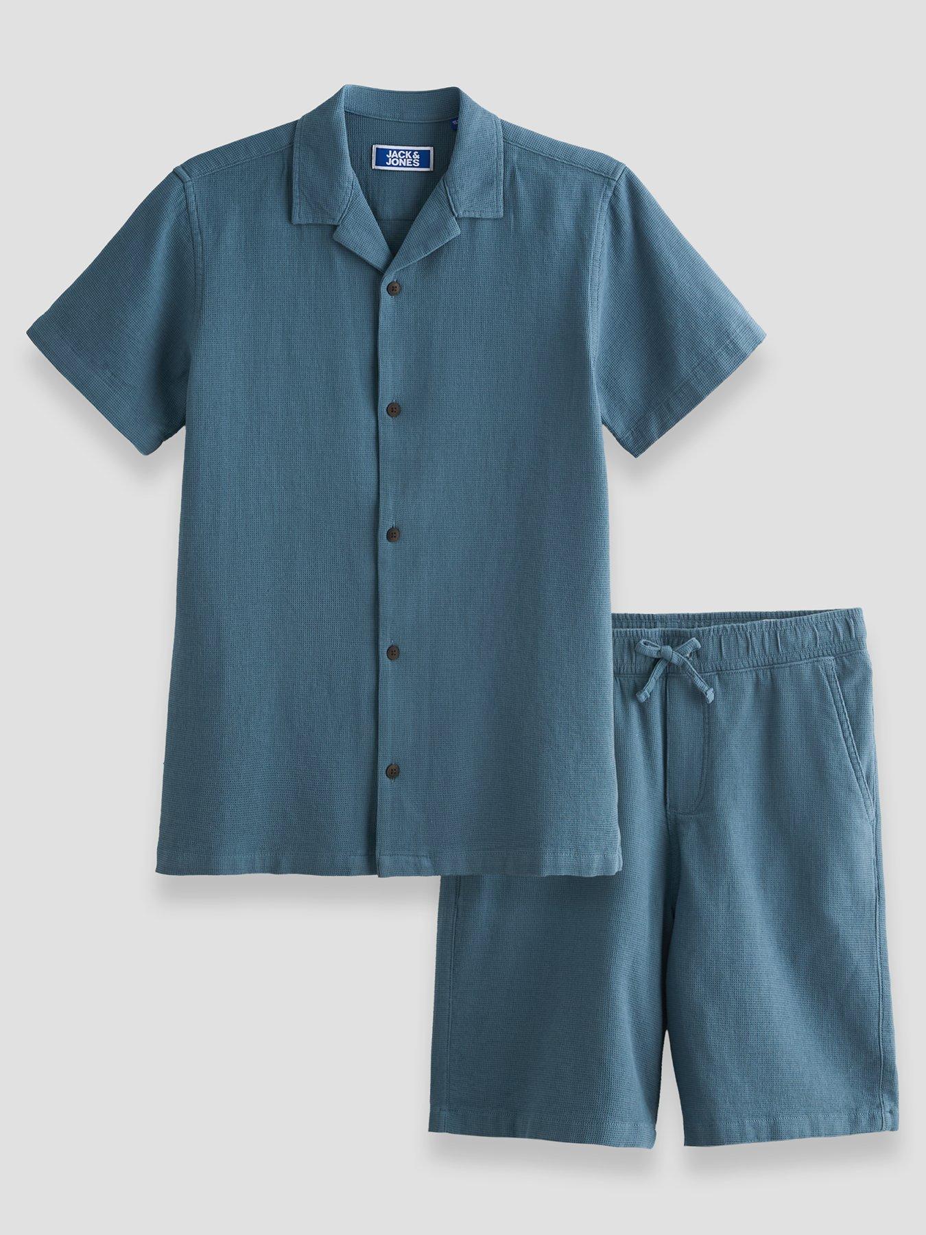 Jack & Jones Junior Boys 2 Piece Waffle Shirt Shorts Set - Blue