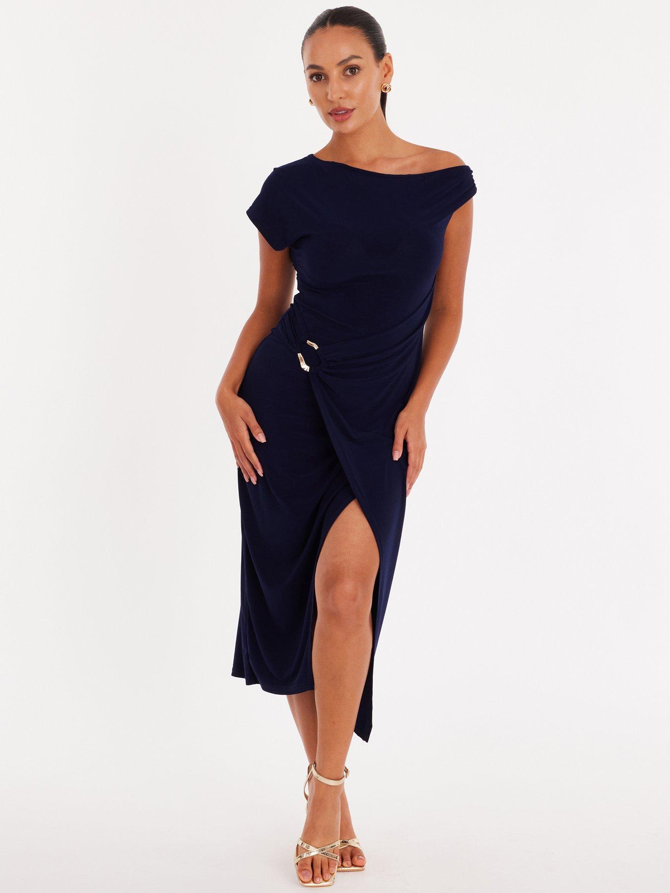 Quiz Petite Navy Asymmetric Wrap Midaxi Dress