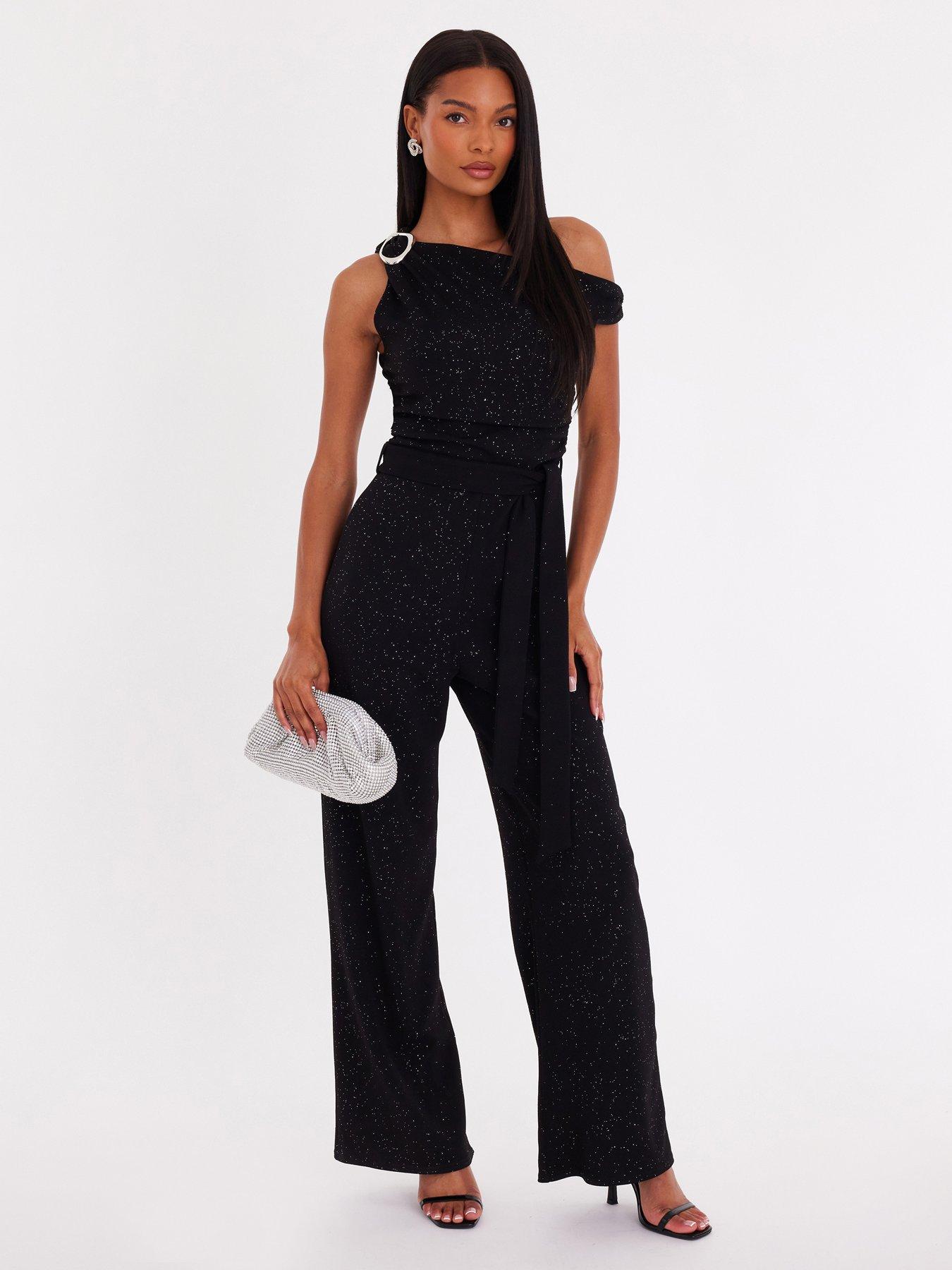 Quiz Glitter Drop Sleeve Jumpsuit Black Very