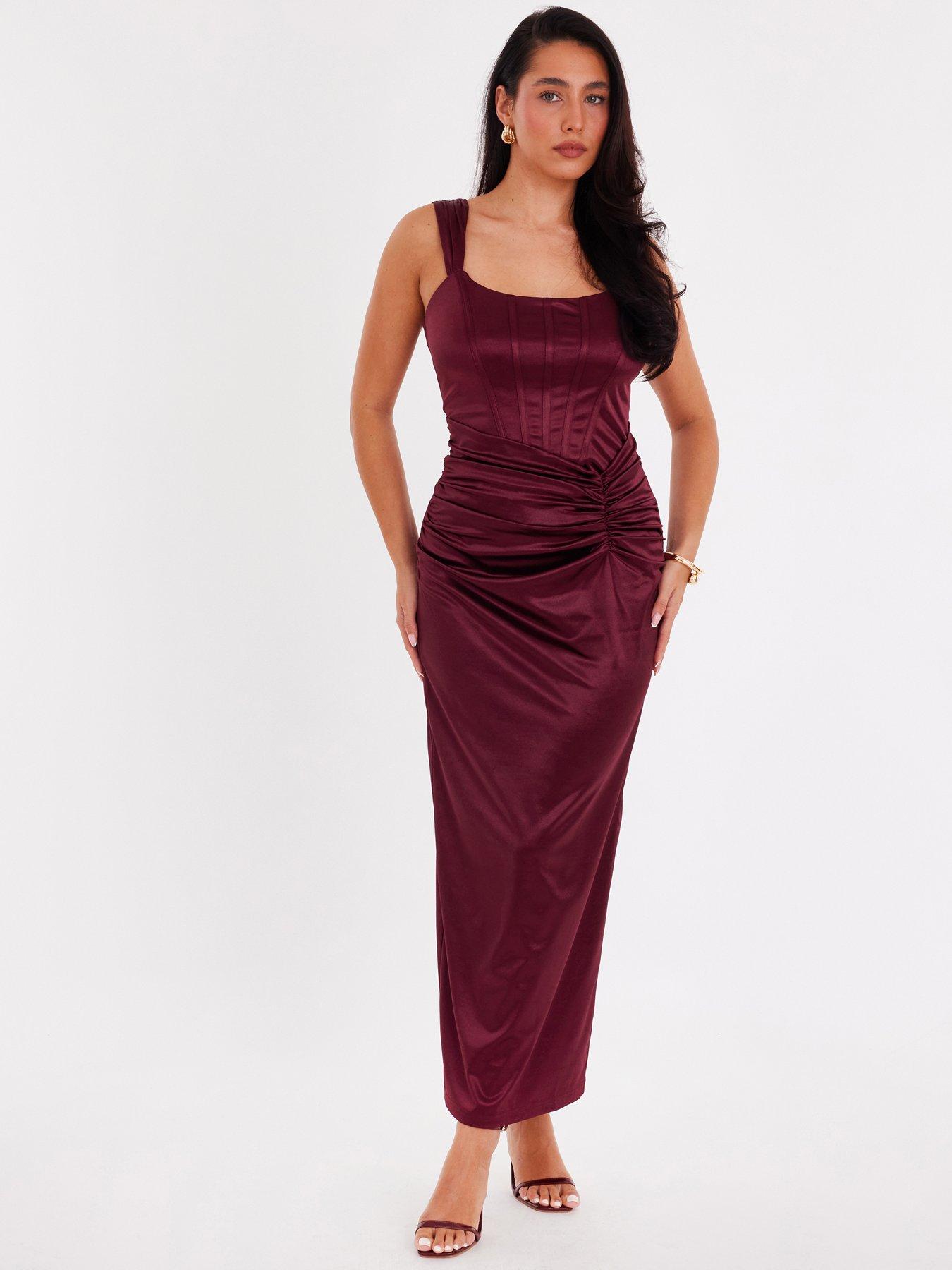 Quiz Burgundy Square Neck Satin Midaxi Dress