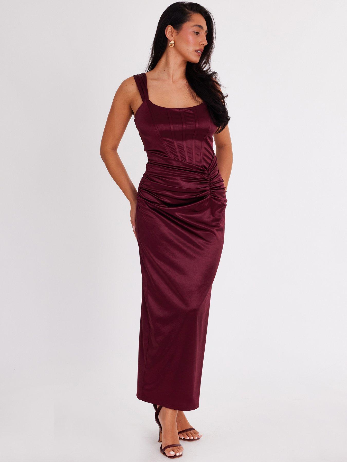 cowl-neck satin midaxi dress in burgundy Alesso Burgundy Satin Cowl-Neck Slip-Maxi Dress – Club L London main image 0