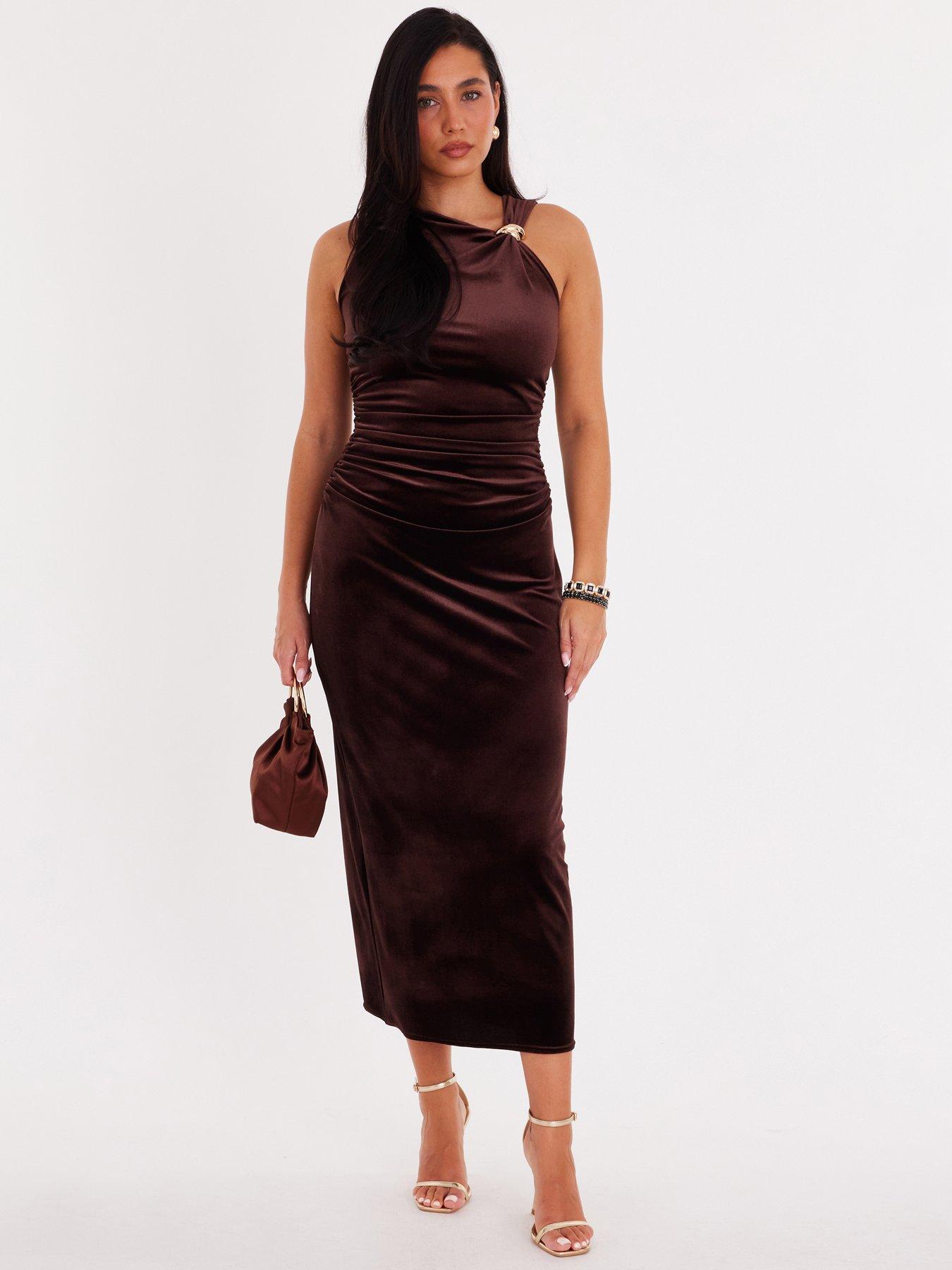 Quiz Brown Velvet Buckle Midaxi Dress