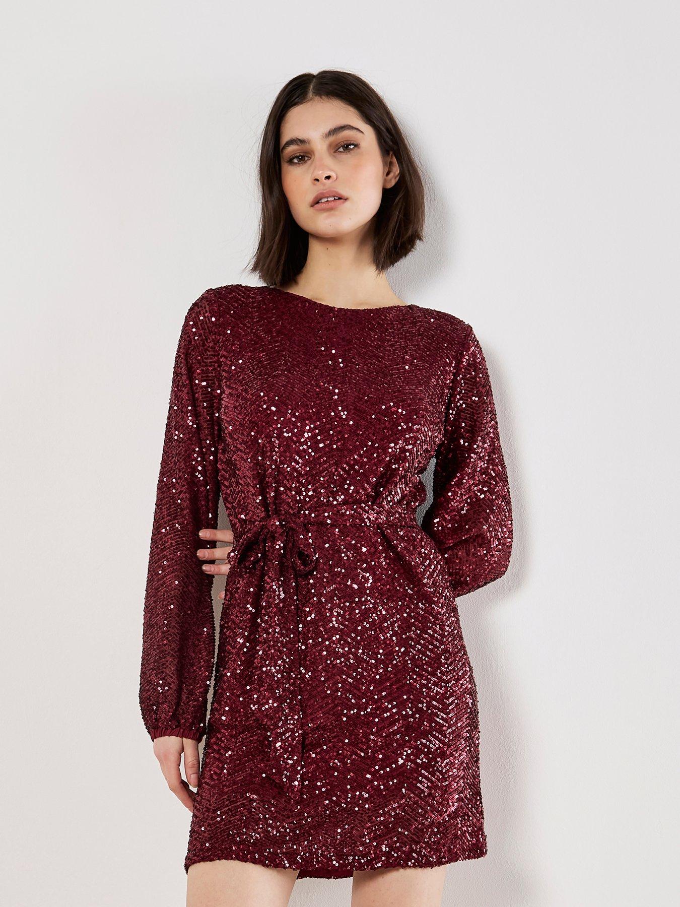 Apricot Chevron Sequin Long Sleeve Shift Dress
