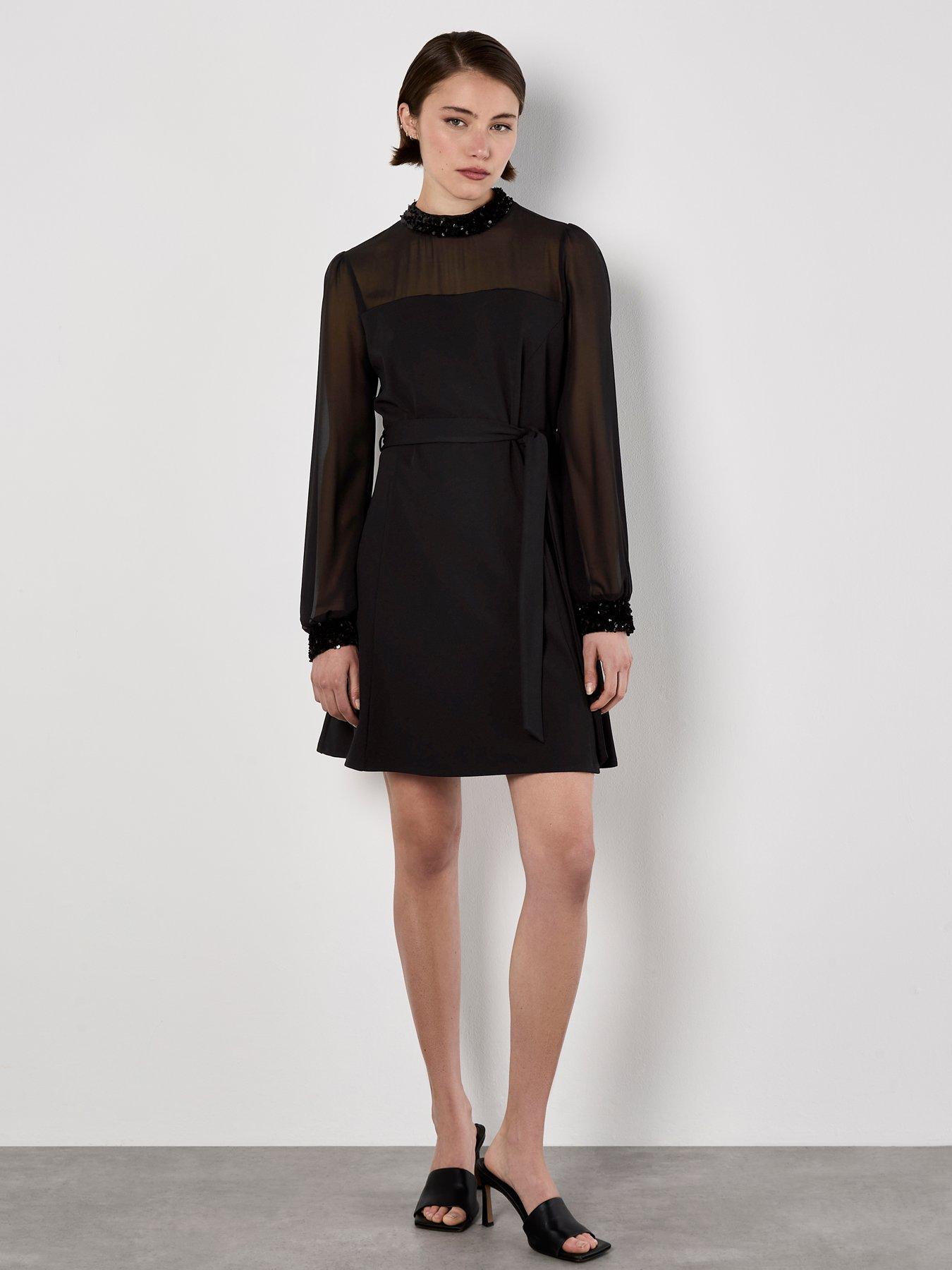 Apricot Sequin Trim Belted Dress