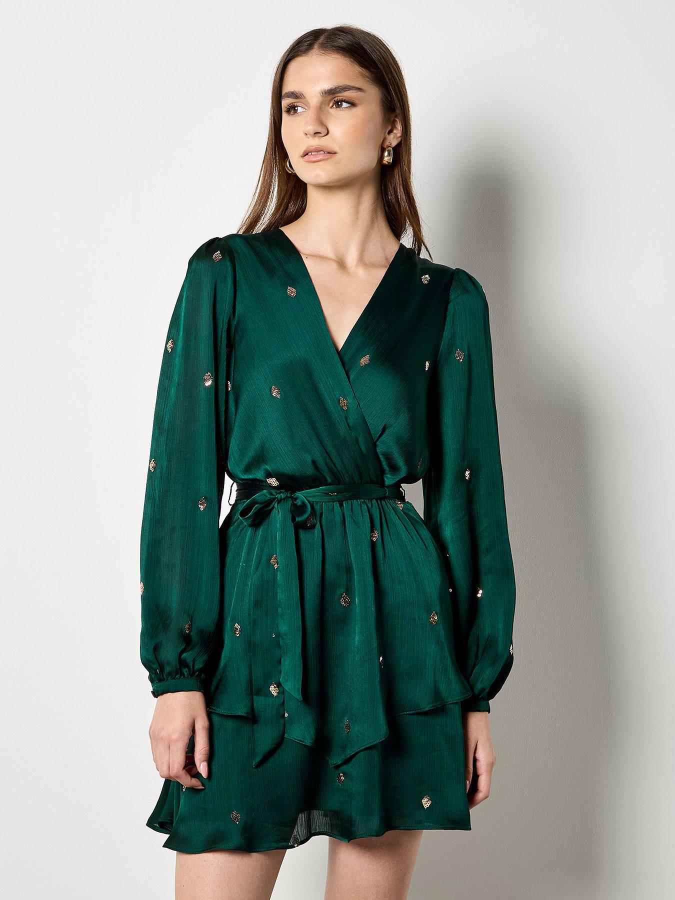 Apricot Sequin Spot Hammered Satin Wrap Dress Very