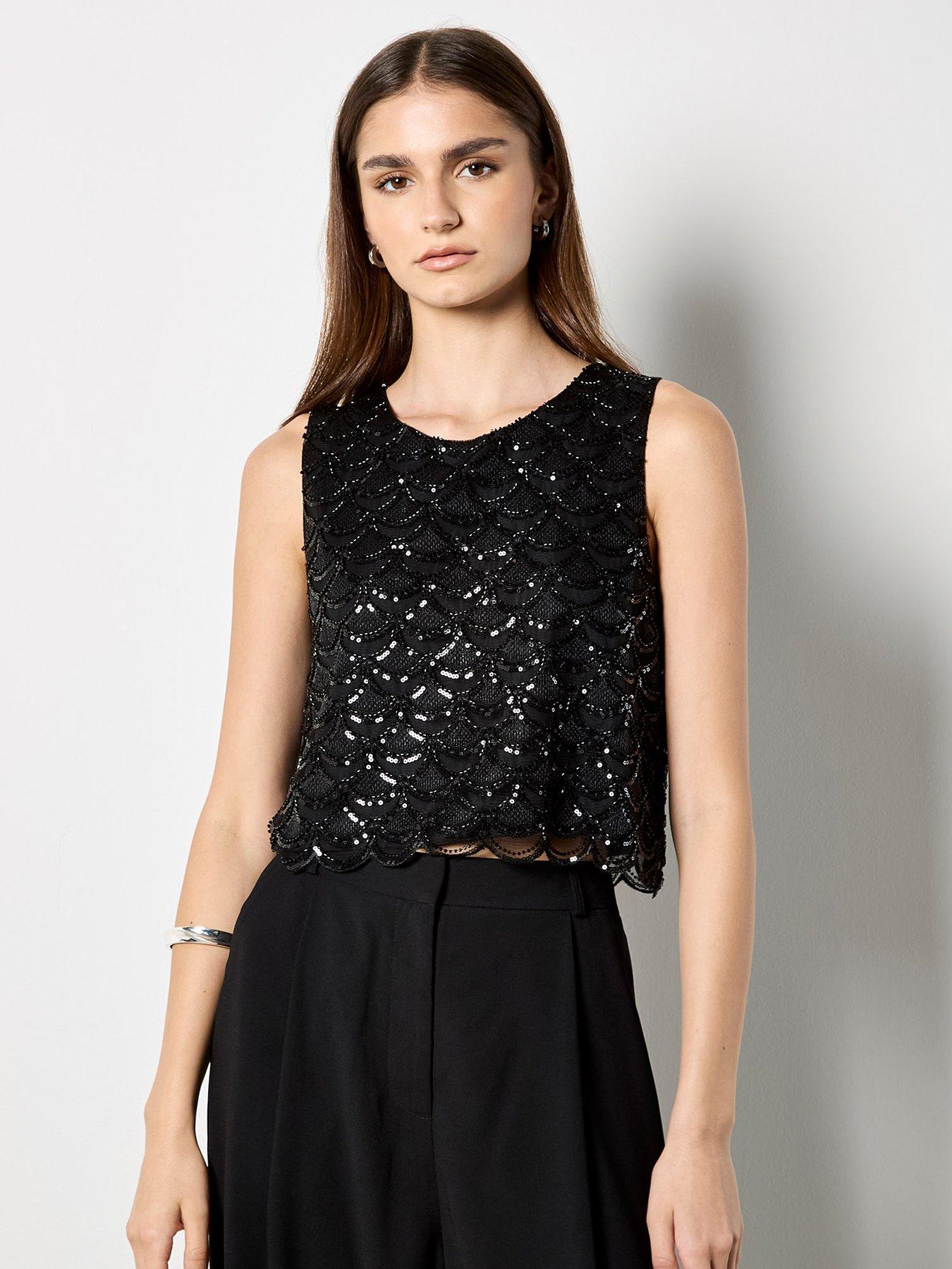 Apricot Scallop Beading Crop Shell Top
