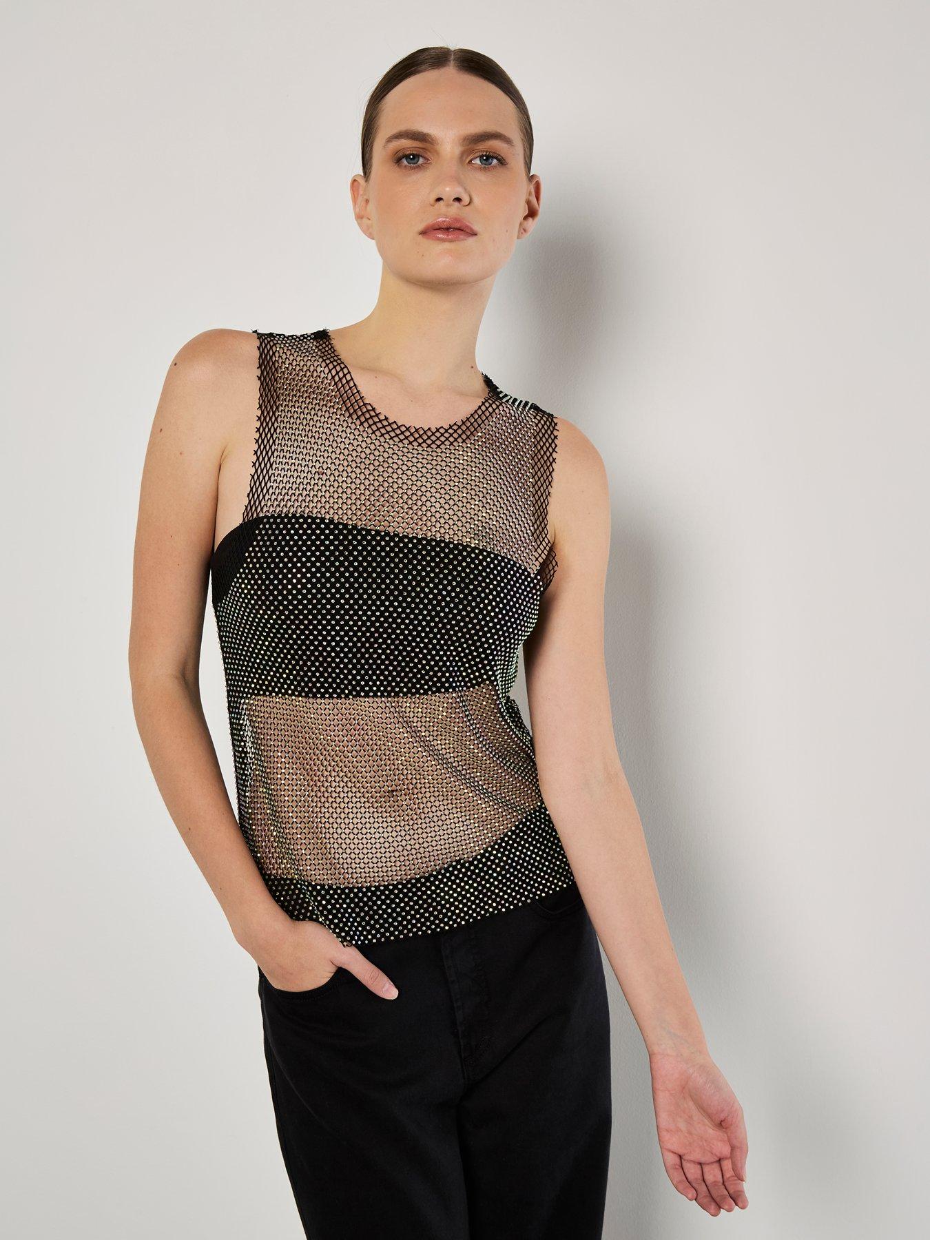 Apricot Irridescent Diamante Mesh Top