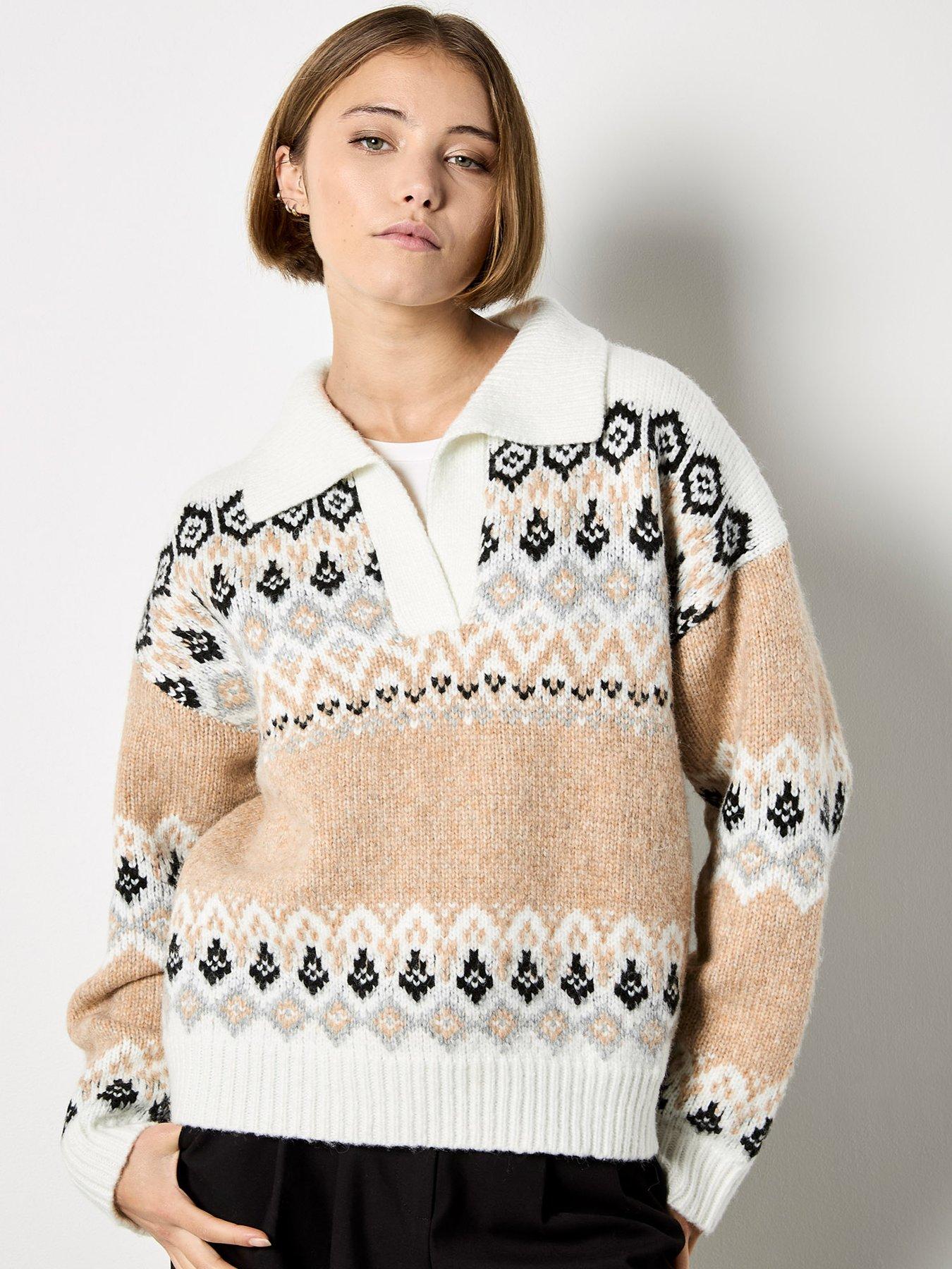 Apricot Open Collar Fairisle Jumper